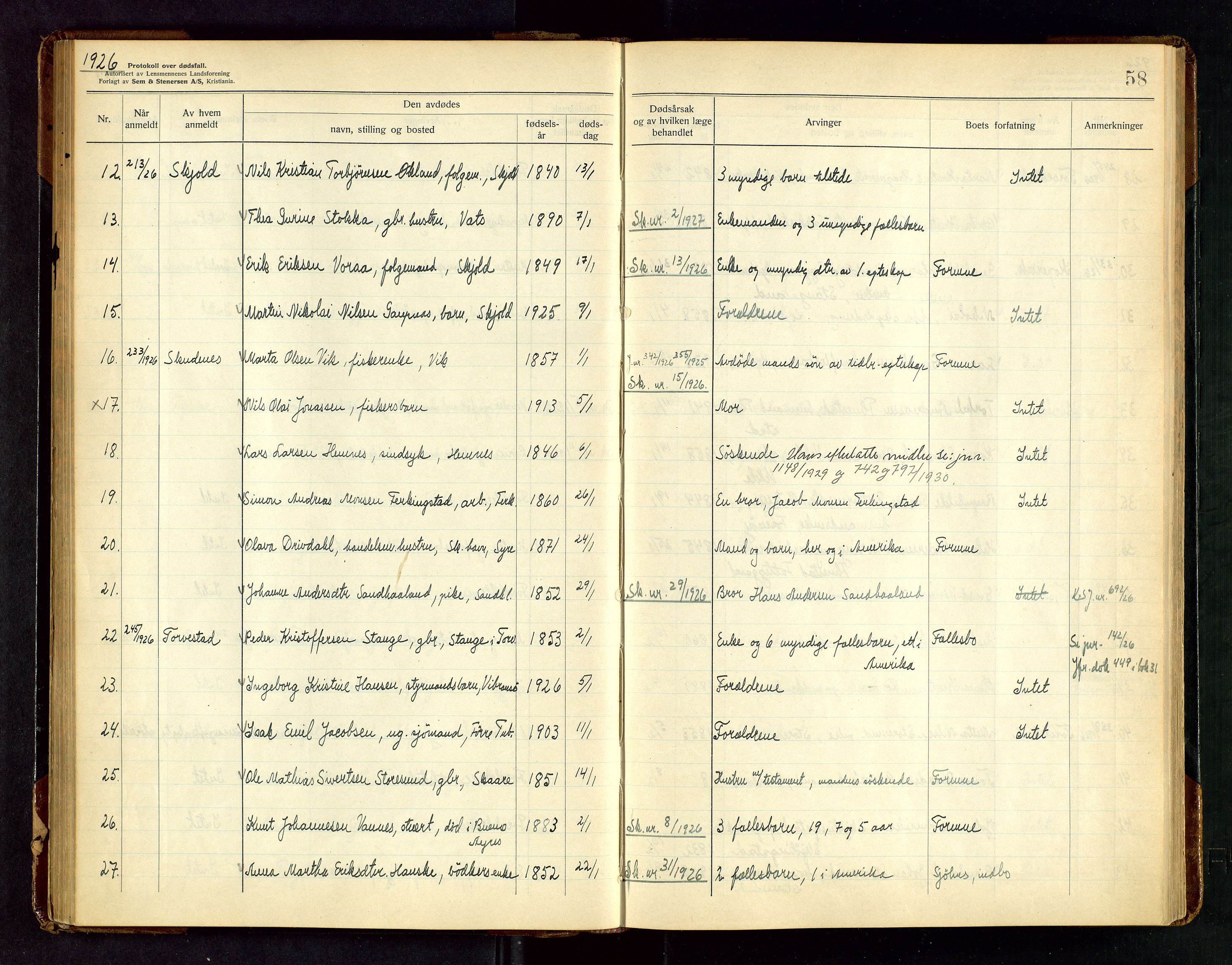 Karmsund sorenskriveri, AV/SAST-A-100311/01/IV/IVAB/L0005: DØDSFALLSPROTOKOLL, 1923-1933, s. 58