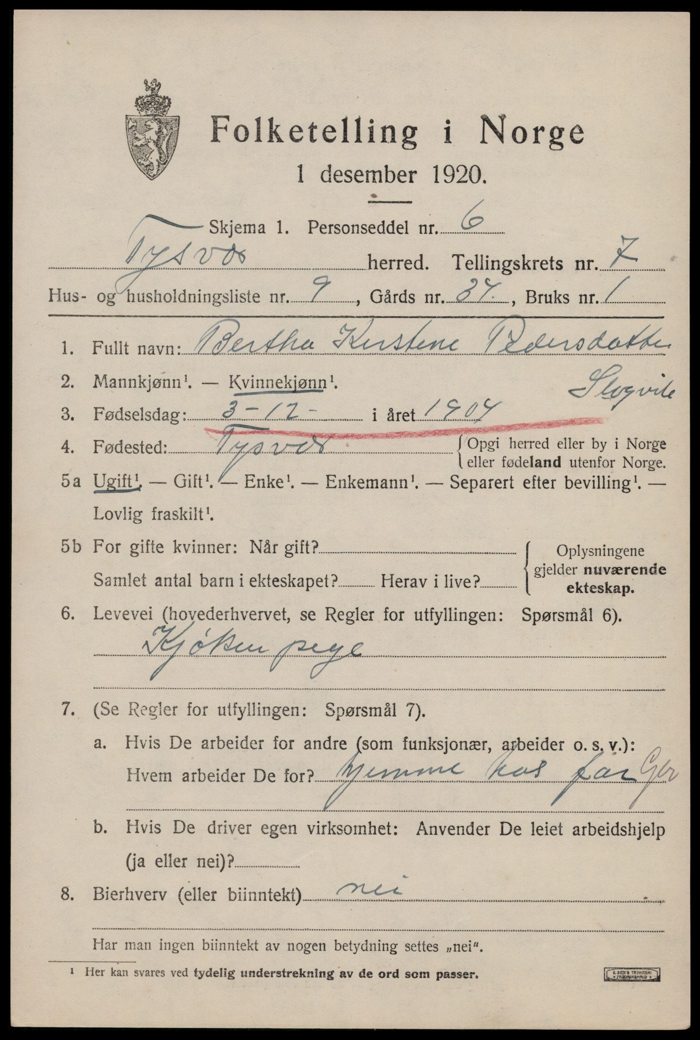 SAST, Folketelling 1920 for 1146 Tysvær herred, 1920, s. 2494