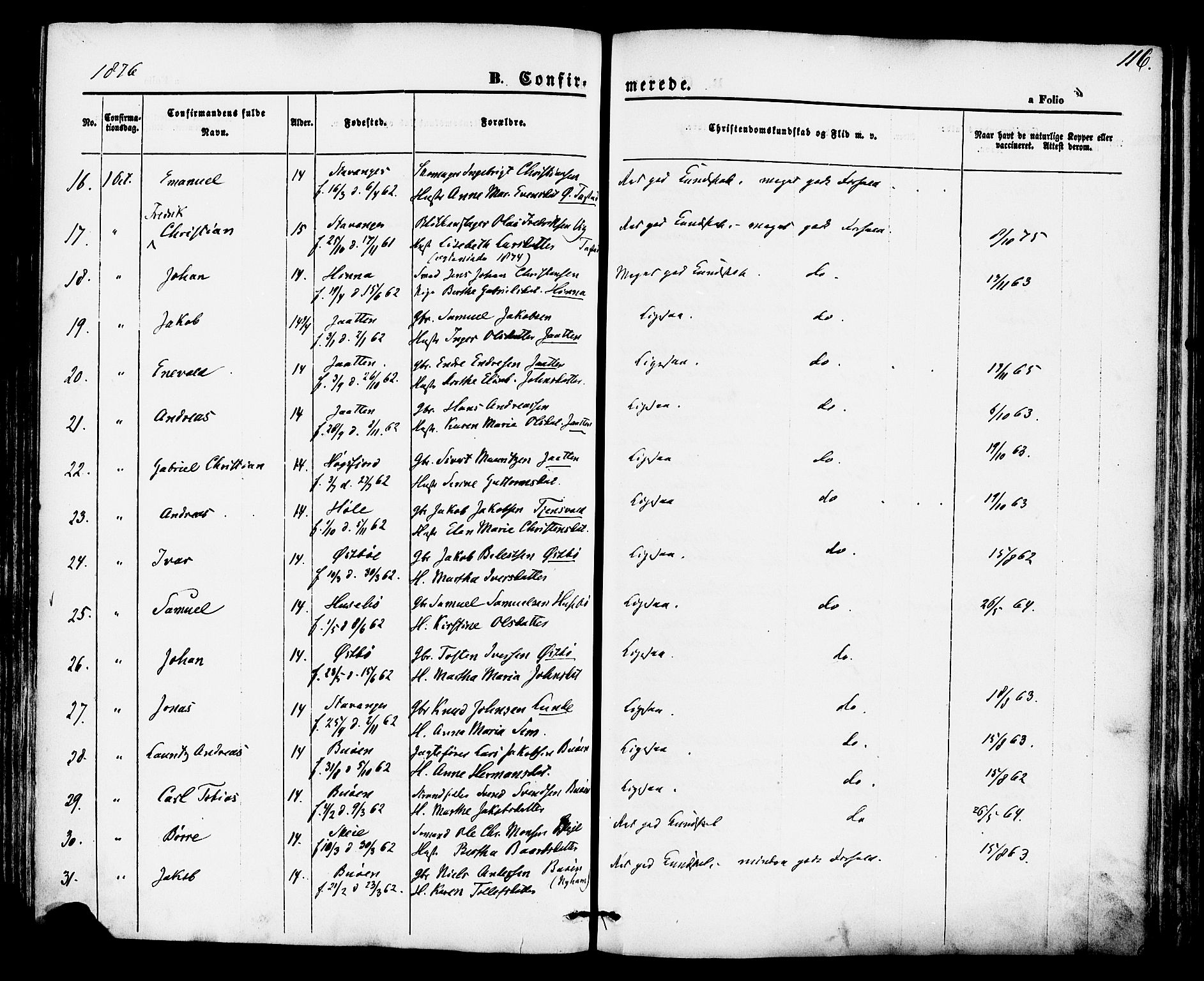 Hetland sokneprestkontor, AV/SAST-A-101826/30/30BA/L0004: Ministerialbok nr. A 4, 1862-1881, s. 116