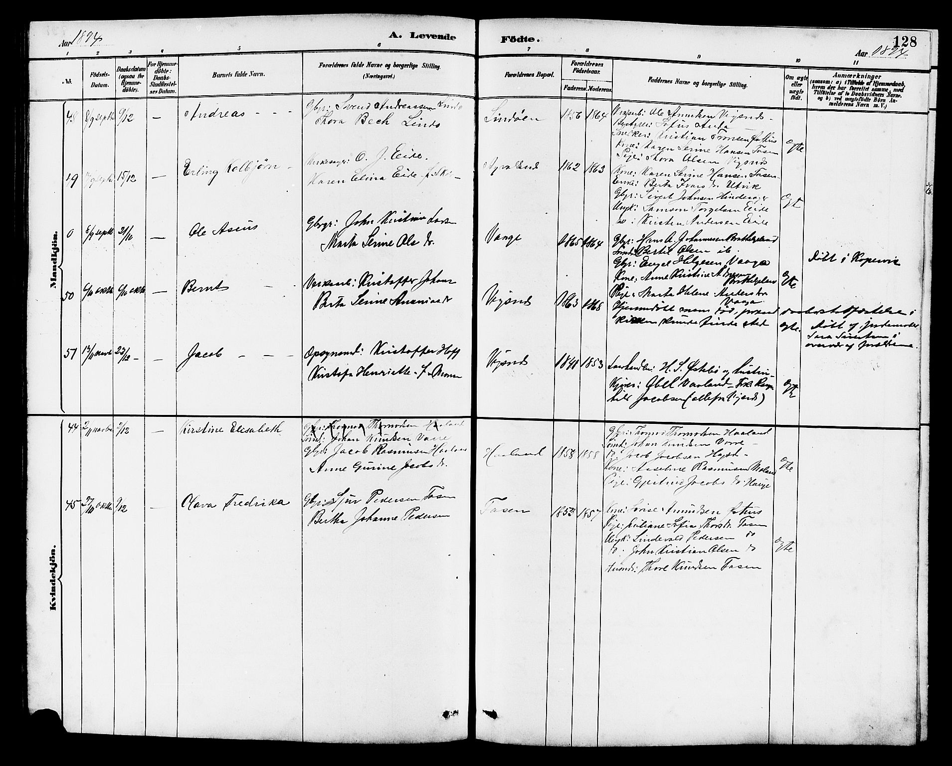 Avaldsnes sokneprestkontor, AV/SAST-A -101851/H/Ha/Hab/L0007: Klokkerbok nr. B 7, 1885-1909, s. 128