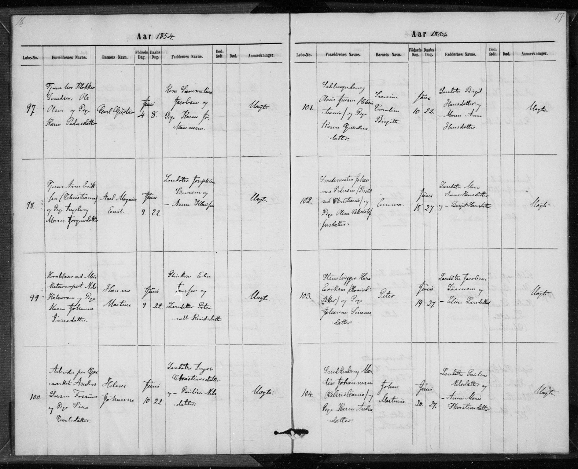 Rikshospitalet prestekontor Kirkebøker, AV/SAO-A-10309b/K/L0002/0001: Dåpsbok nr. 2.1, 1854-1860, s. 16-17