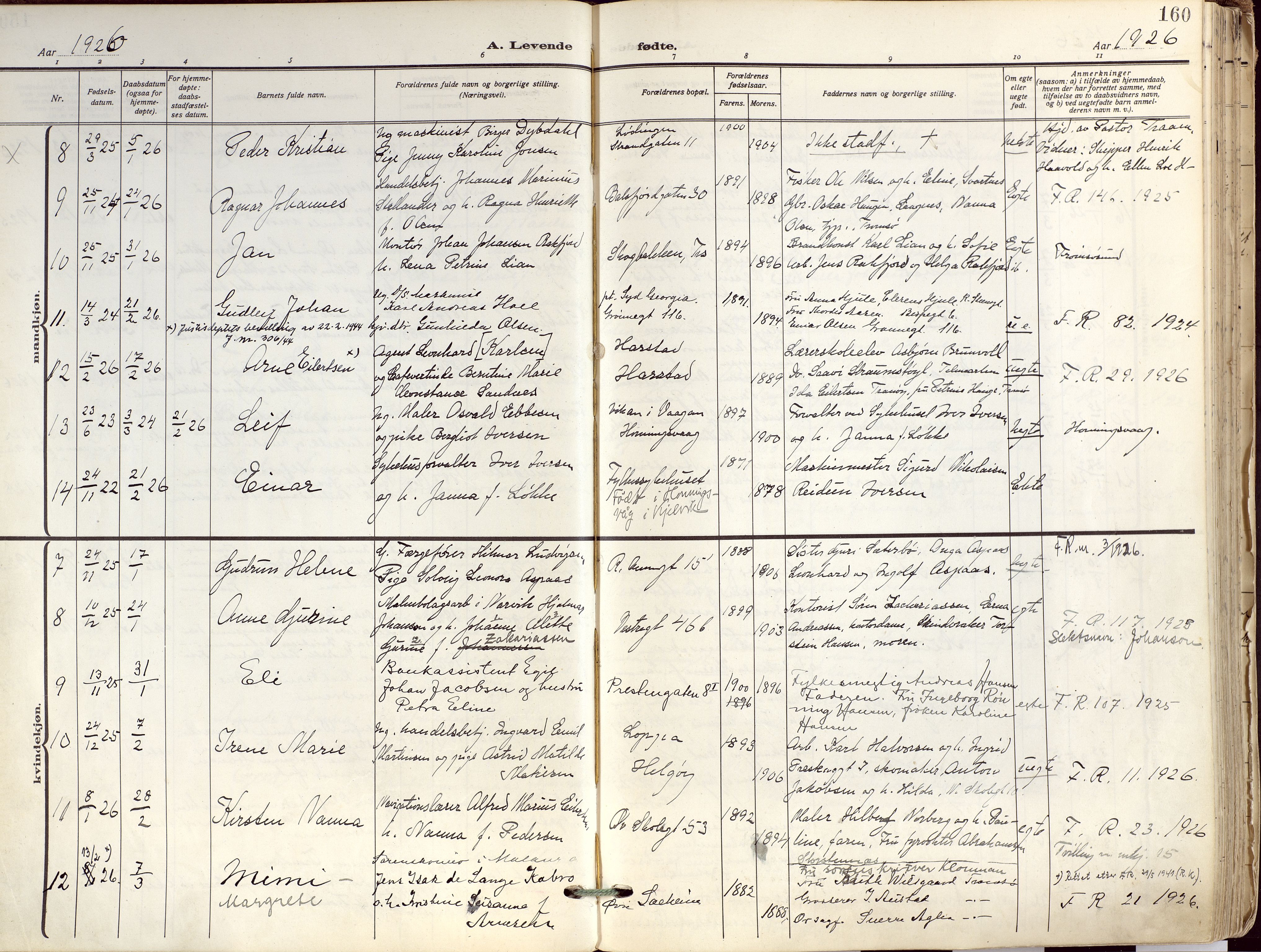 Tromsø sokneprestkontor/stiftsprosti/domprosti, AV/SATØ-S-1343/G/Ga/L0019kirke: Ministerialbok nr. 19, 1917-1927, s. 160