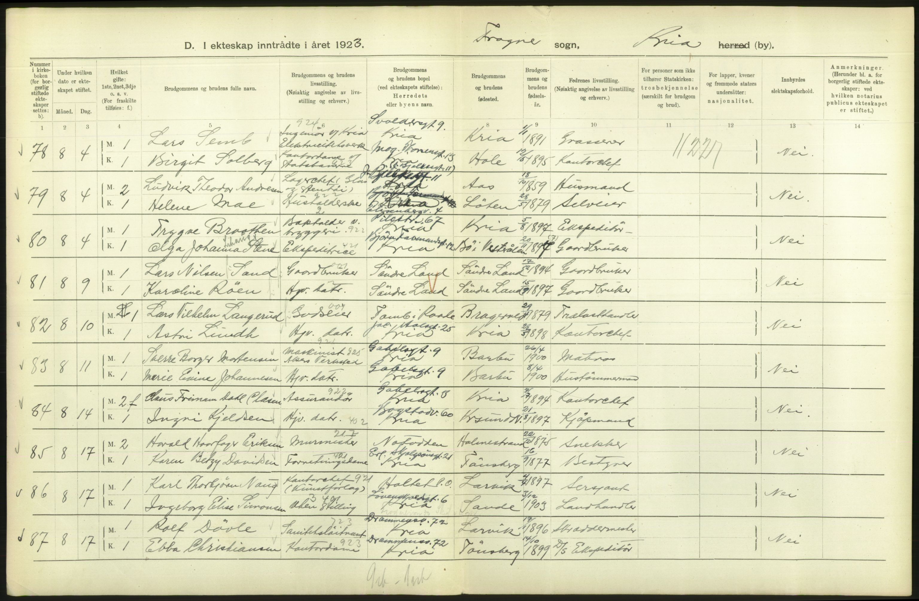 Statistisk sentralbyrå, Sosiodemografiske emner, Befolkning, AV/RA-S-2228/D/Df/Dfc/Dfcc/L0008: Kristiania: Gifte, 1923, s. 312