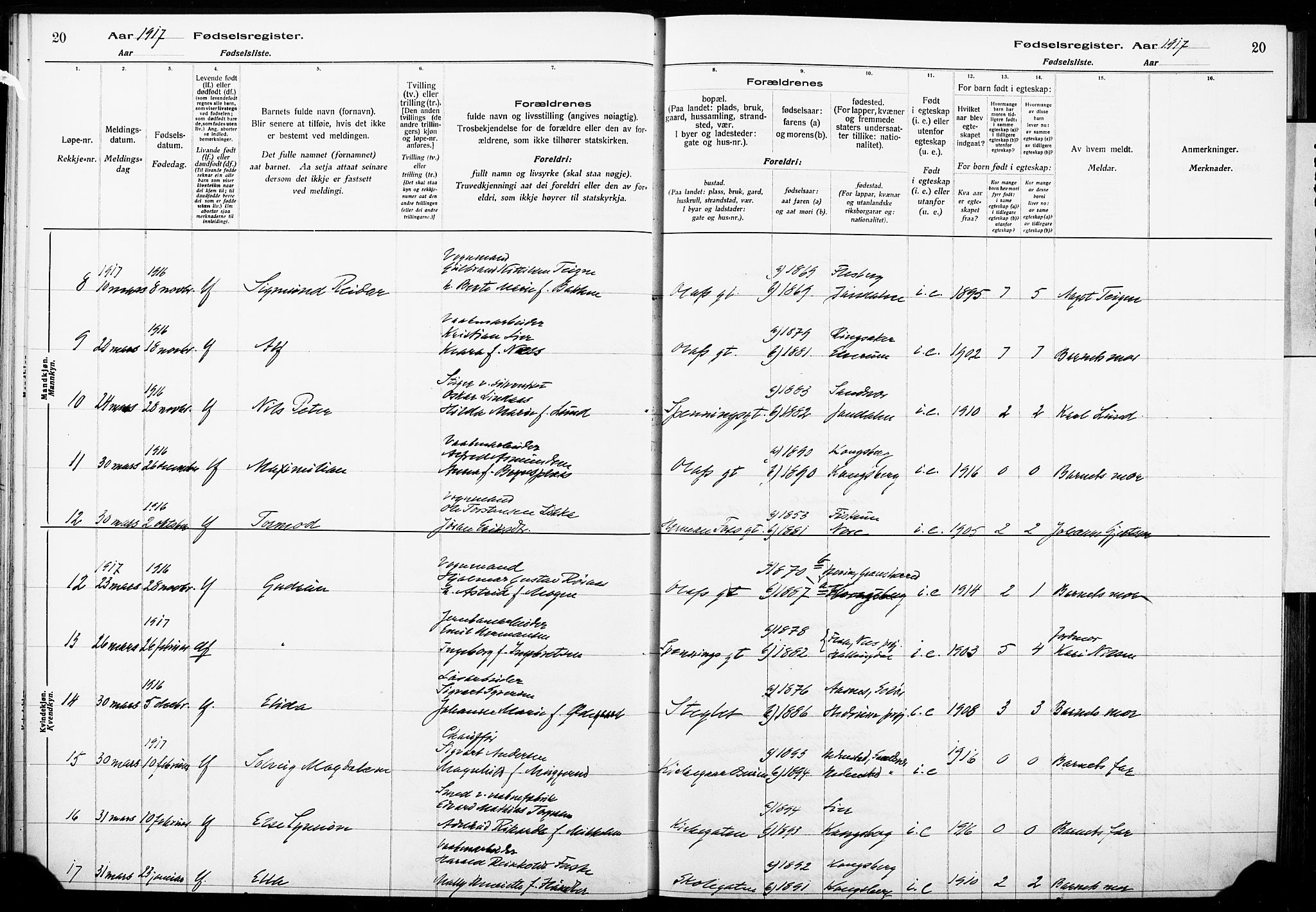 Kongsberg kirkebøker, AV/SAKO-A-22/J/Ja/L0001: Fødselsregister nr. I 1, 1916-1927, s. 20