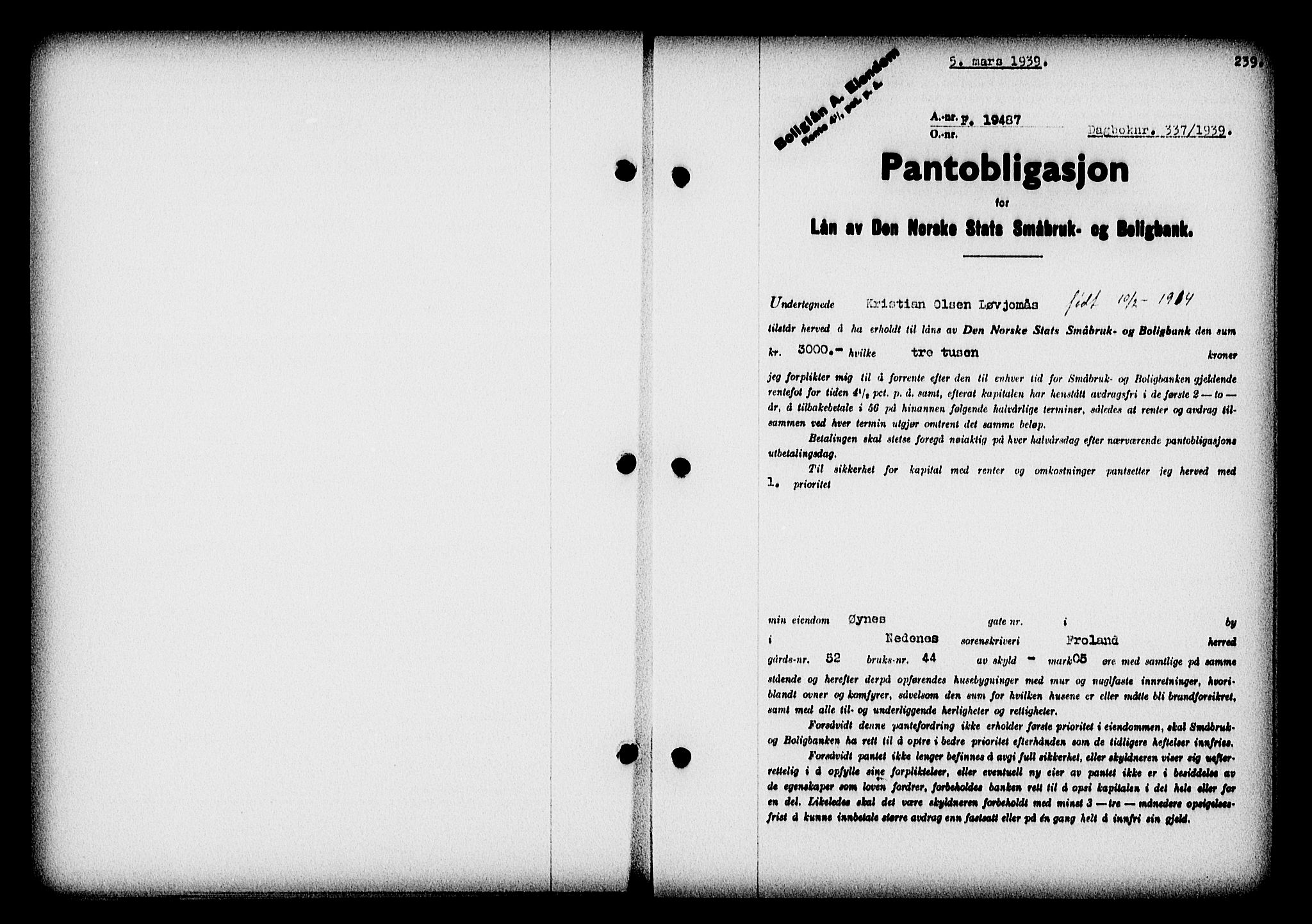 Nedenes sorenskriveri, SAK/1221-0006/G/Gb/Gba/L0046: Pantebok nr. 42, 1938-1939, Dagboknr: 337/1939