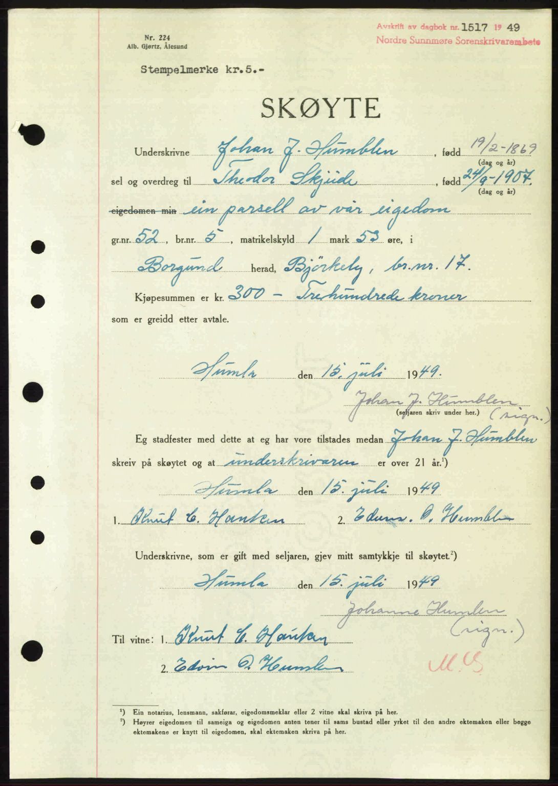 Nordre Sunnmøre sorenskriveri, AV/SAT-A-0006/1/2/2C/2Ca: Pantebok nr. A31, 1949-1949, Dagboknr: 1517/1949