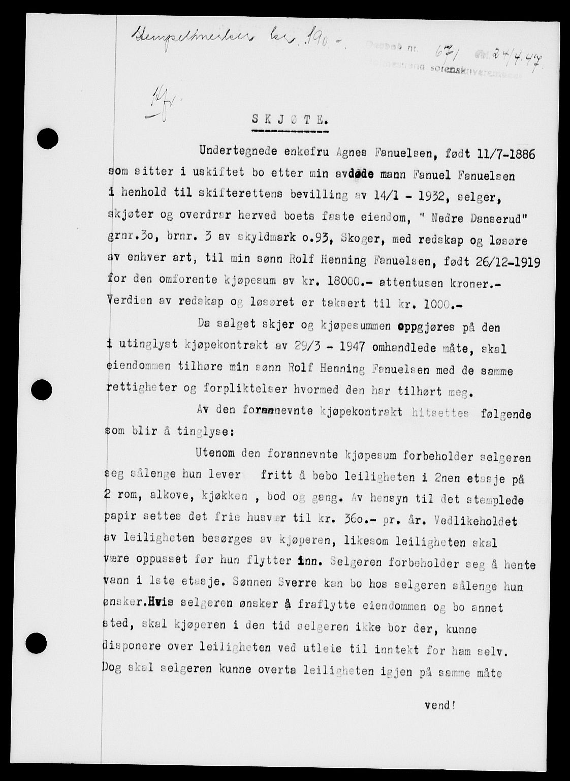 Holmestrand sorenskriveri, SAKO/A-67/G/Ga/Gaa/L0062: Pantebok nr. A-62, 1947-1947, Dagboknr: 671/1947