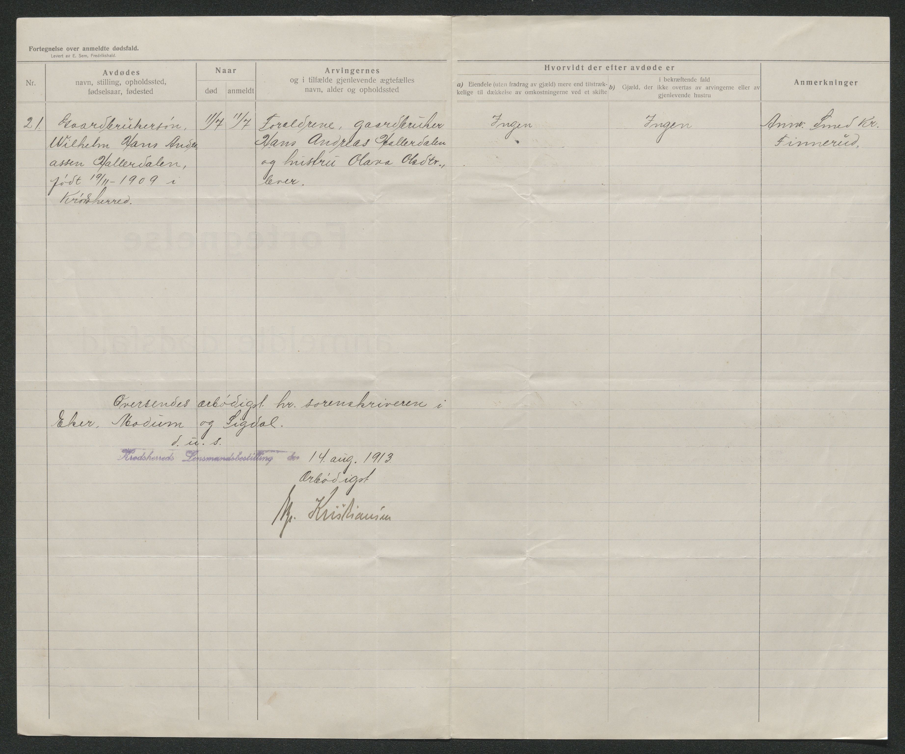 Eiker, Modum og Sigdal sorenskriveri, AV/SAKO-A-123/H/Ha/Hab/L0036: Dødsfallsmeldinger, 1913, s. 280