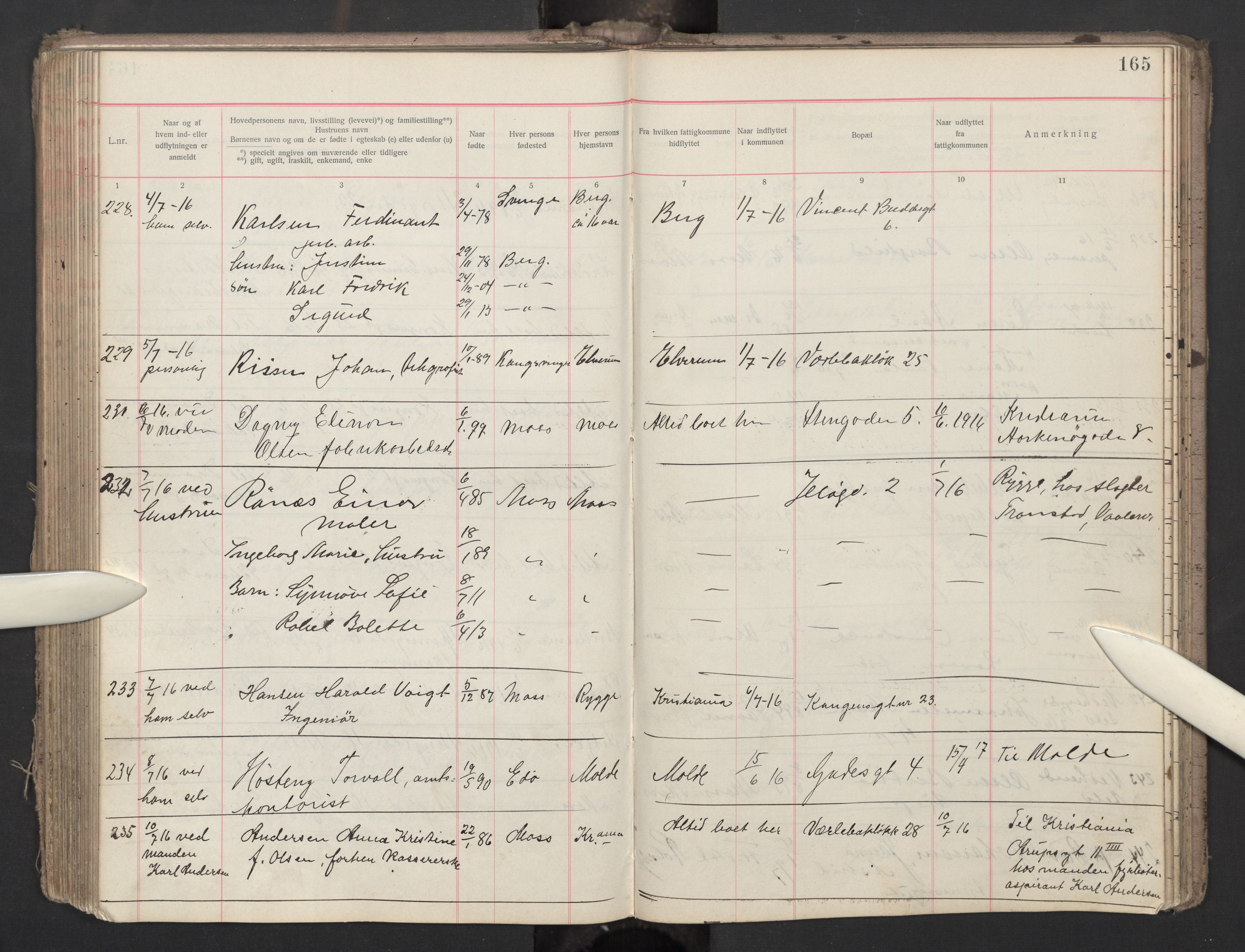 Moss folkeregister, AV/SAO-A-10020/J/L0003: Inn- og utflyttede i Moss fattigkommune, 1913-1917, s. 165