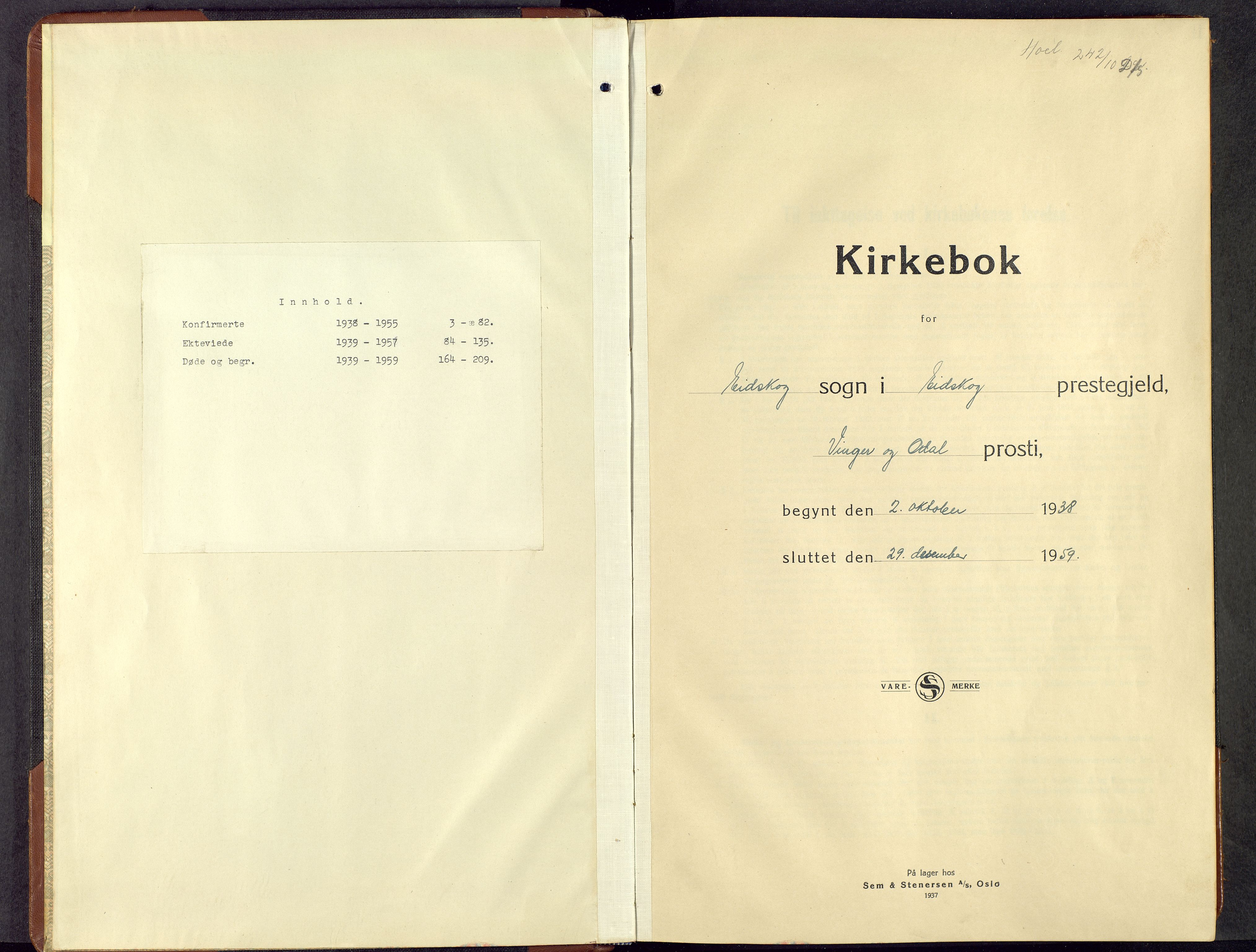 Eidskog prestekontor, SAH/PREST-026/H/Ha/Hab/L0008: Klokkerbok nr. 8, 1938-1959