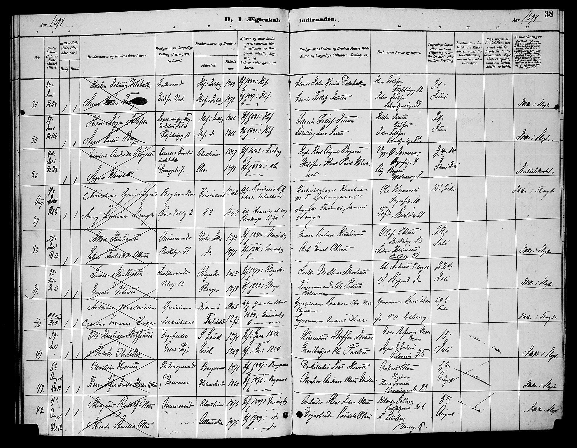 Uranienborg prestekontor Kirkebøker, AV/SAO-A-10877/H/Ha/L0002: Lysningsprotokoll nr. I 2, 1888-1896, s. 38