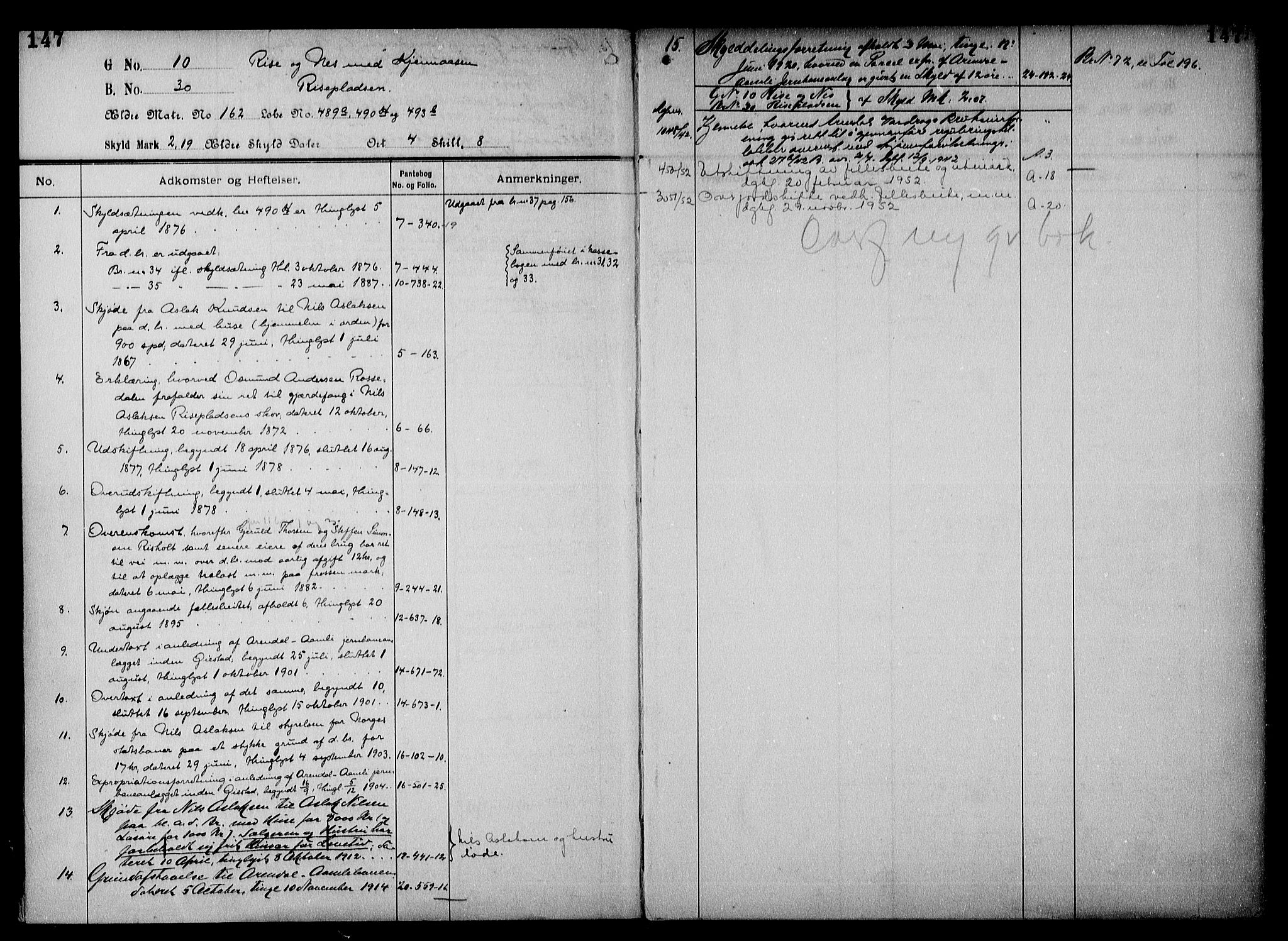 Nedenes sorenskriveri, AV/SAK-1221-0006/G/Ga/Gaa/L0063: Panteregister nr. 54a, 1800-1955, s. 147