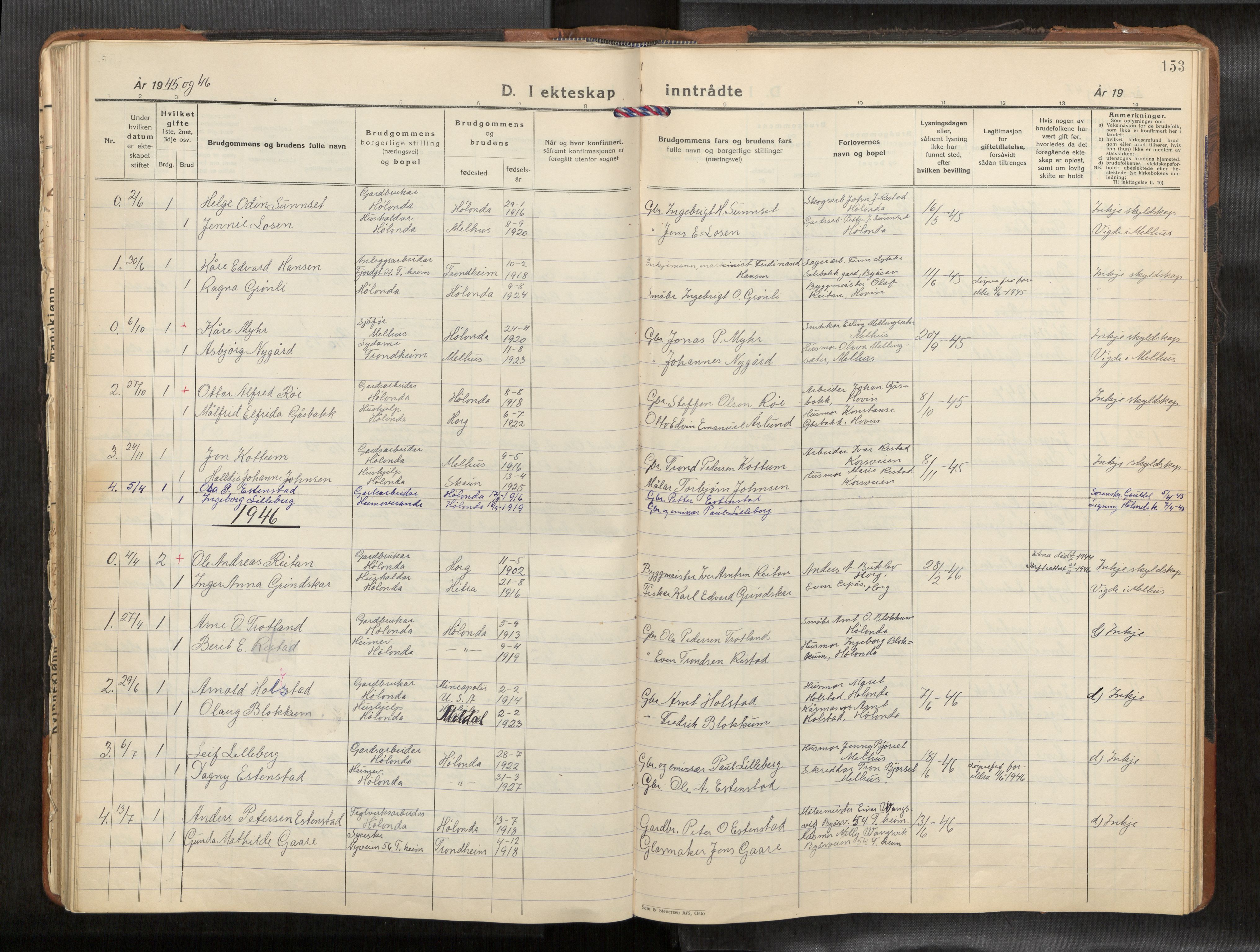 Ministerialprotokoller, klokkerbøker og fødselsregistre - Sør-Trøndelag, AV/SAT-A-1456/694/L1134b: Klokkerbok nr. 694C07, 1937-1984, s. 153