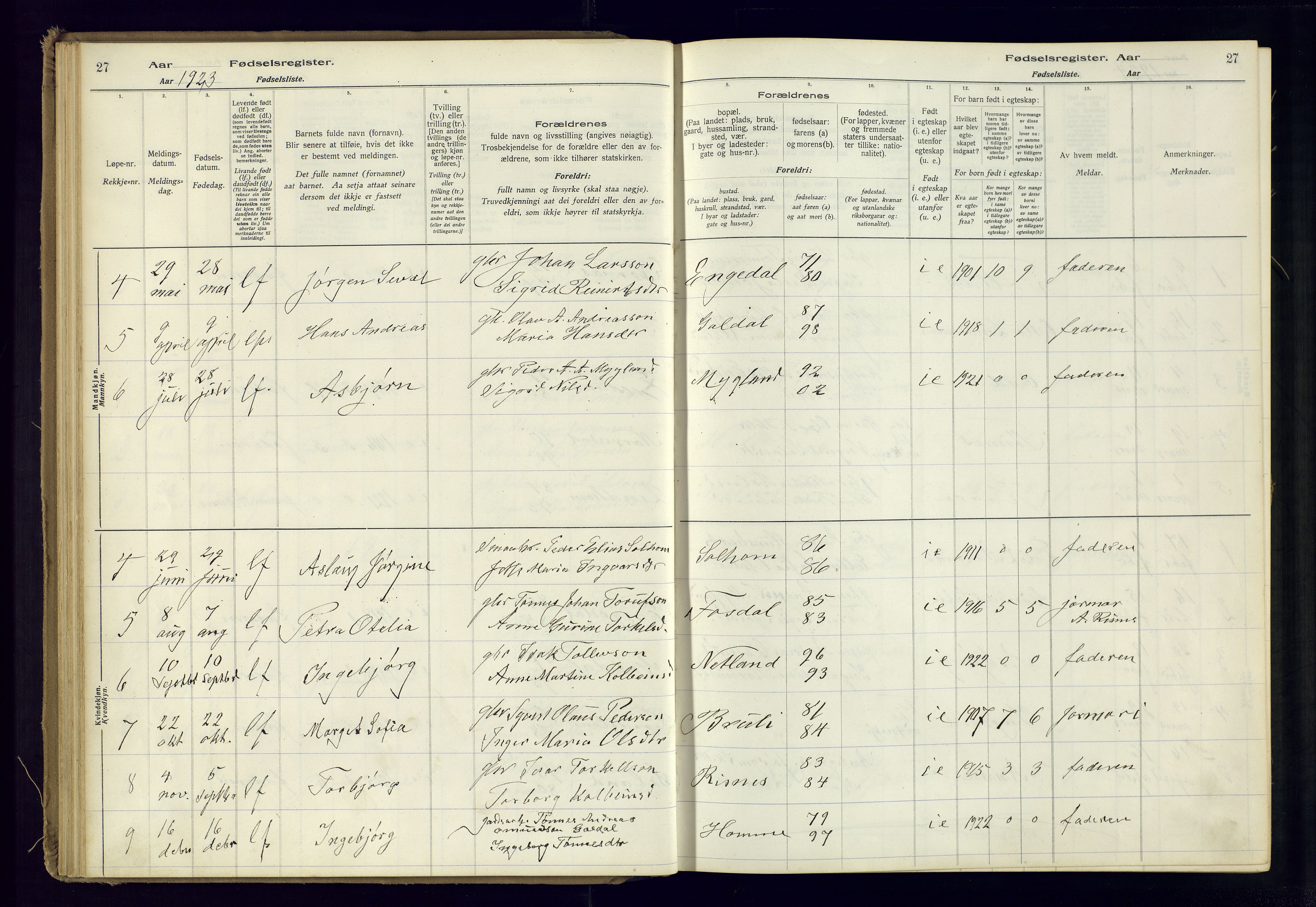 Fjotland sokneprestkontor, AV/SAK-1111-0010/J/Ja/L0001: Fødselsregister nr. 1, 1916-1981, s. 27