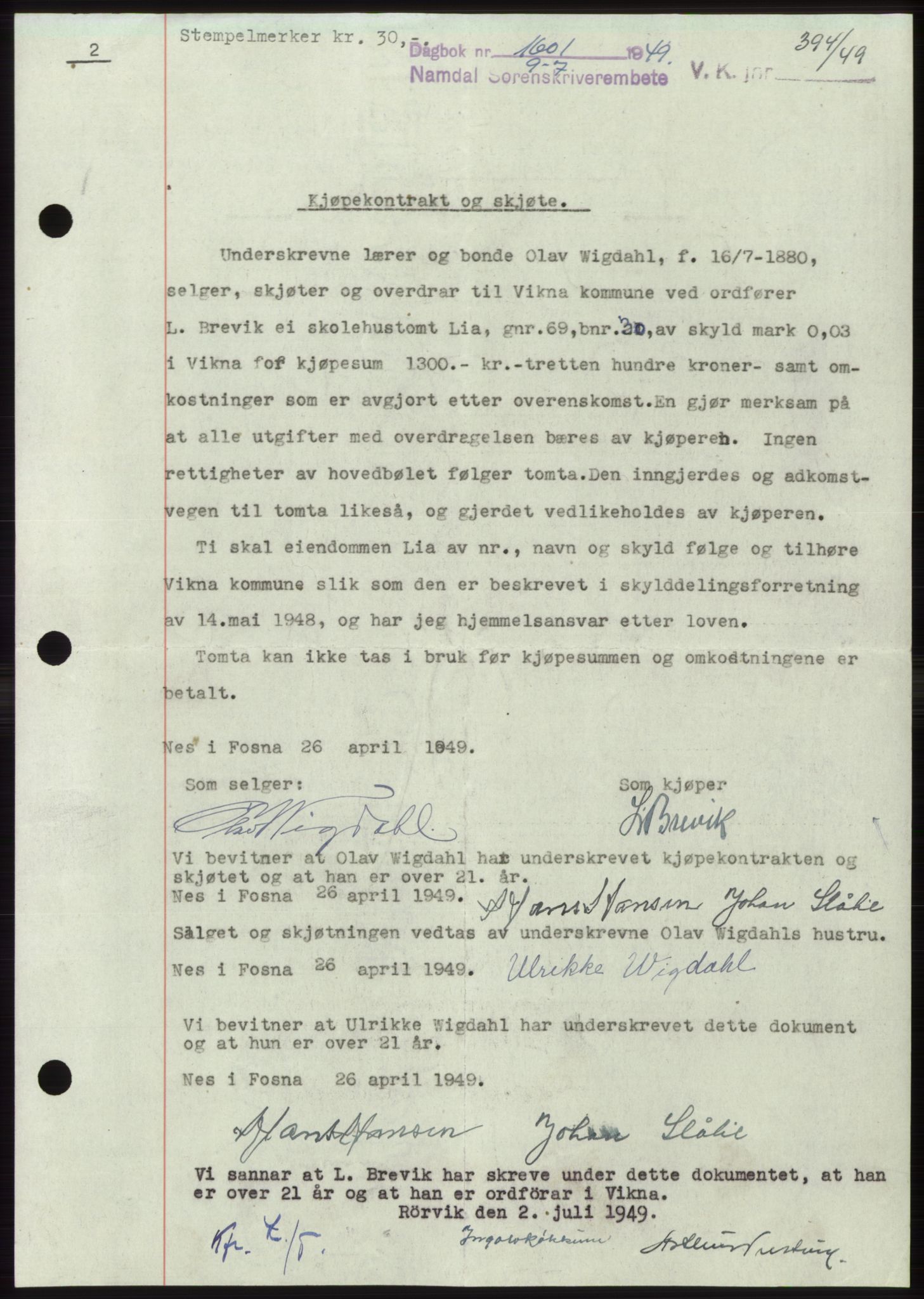 Namdal sorenskriveri, SAT/A-4133/1/2/2C: Pantebok nr. -, 1949-1949, Dagboknr: 1601/1949