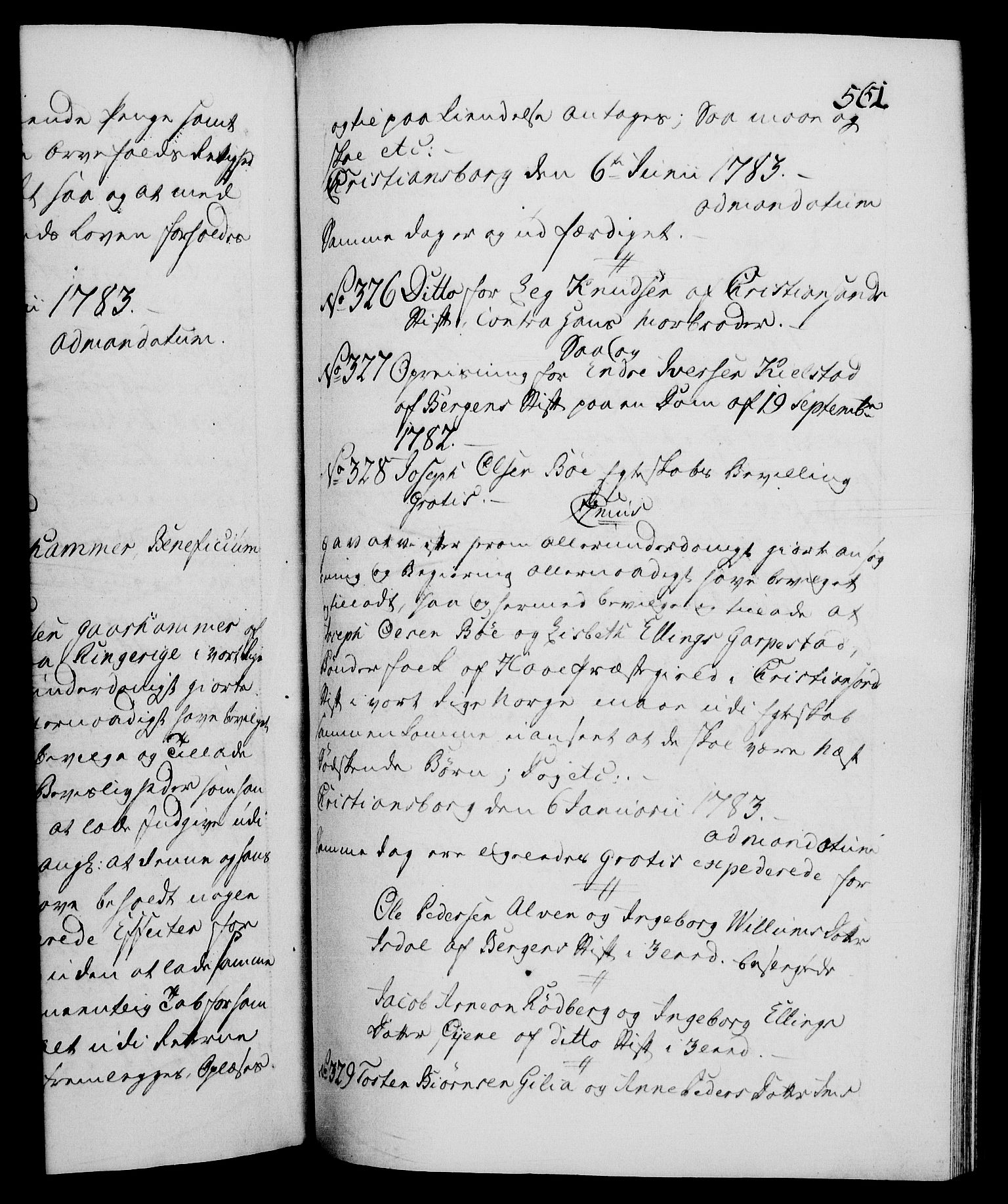 Danske Kanselli 1572-1799, RA/EA-3023/F/Fc/Fca/Fcaa/L0049: Norske registre, 1782-1783, s. 562a