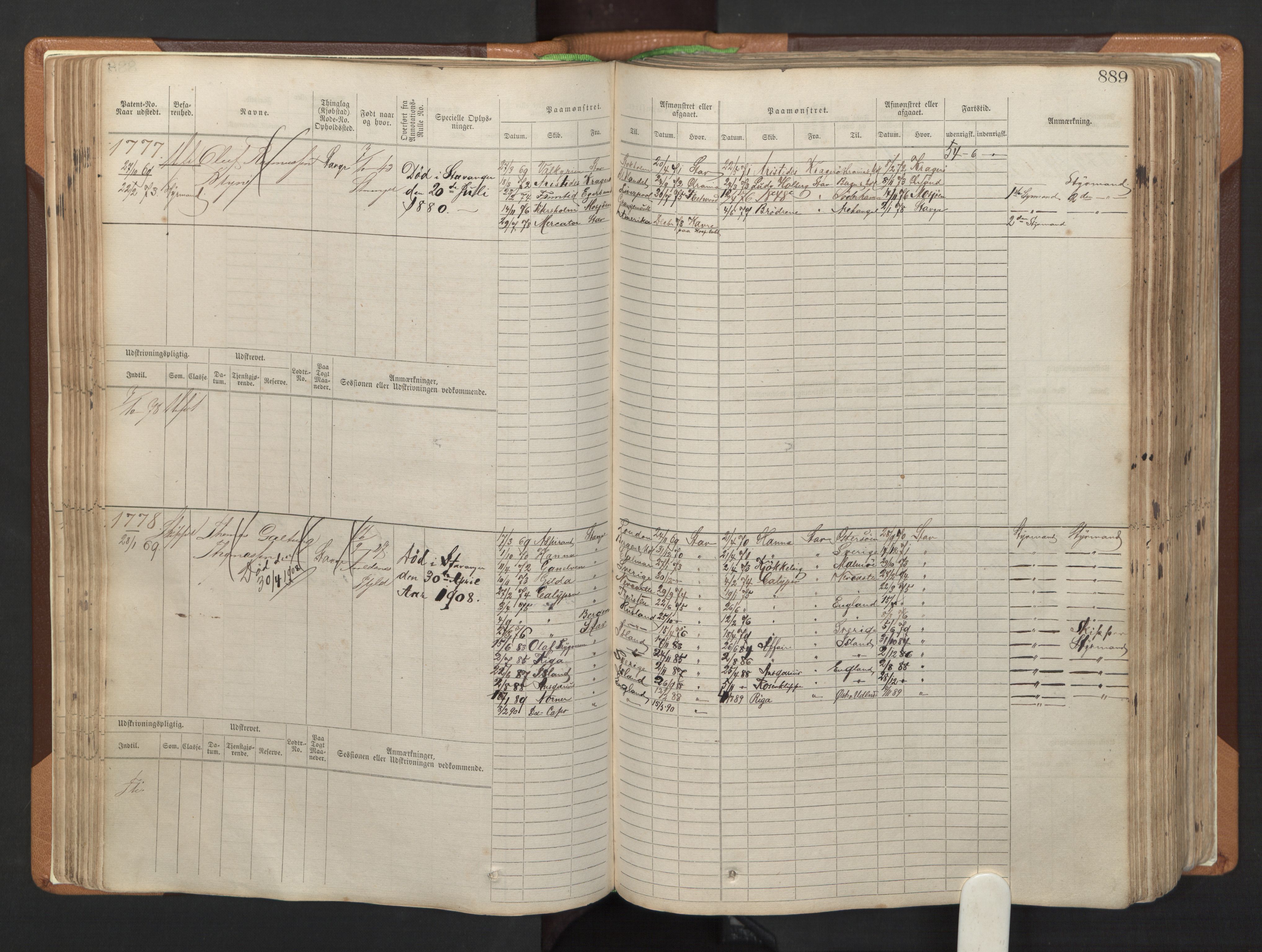 Stavanger sjømannskontor, AV/SAST-A-102006/F/Fb/Fbb/L0006: Sjøfartshovedrulle, patentnr. 1607-2402 (del 3), 1869-1880, s. 88