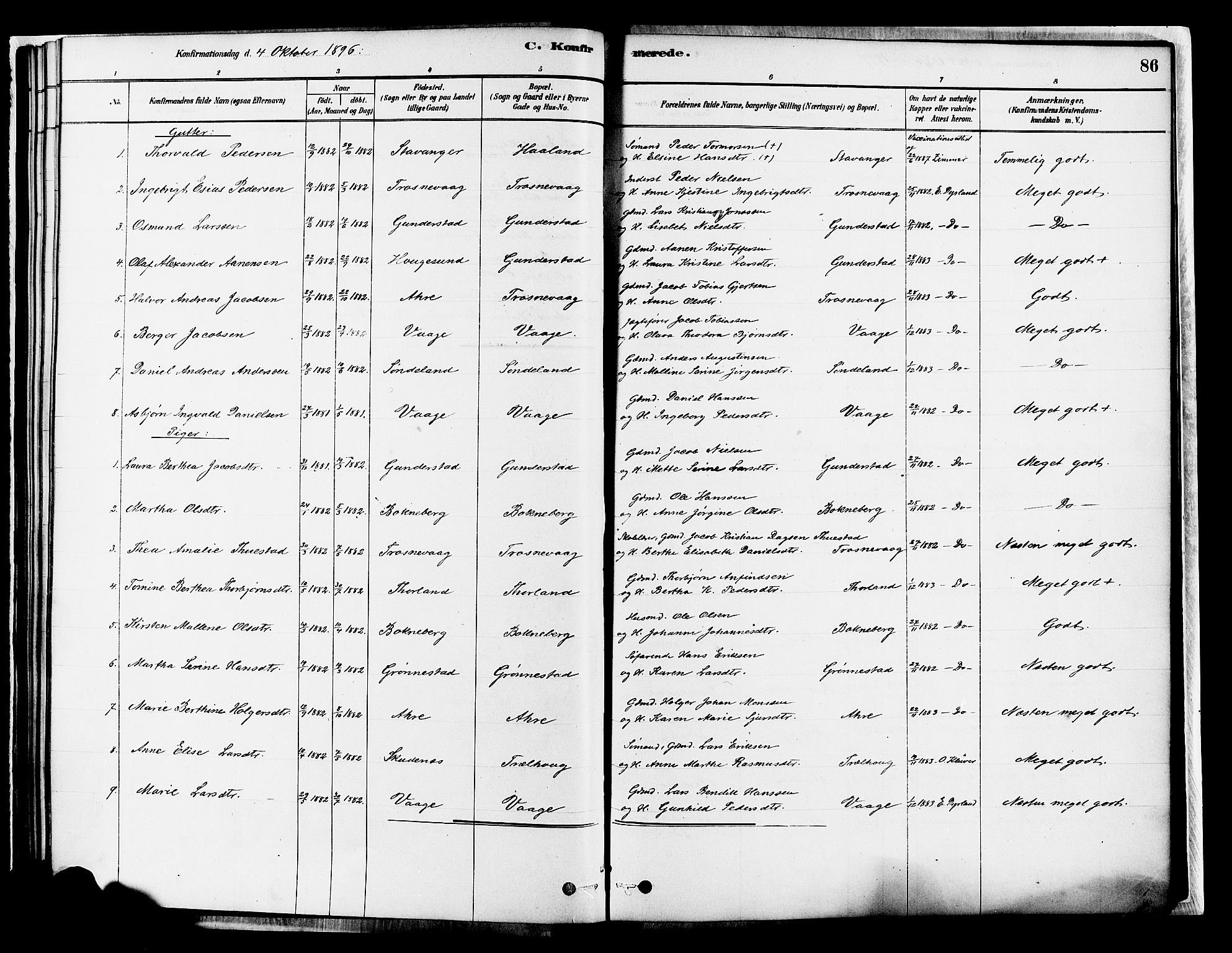 Tysvær sokneprestkontor, AV/SAST-A -101864/H/Ha/Haa/L0007: Ministerialbok nr. A 7, 1878-1897, s. 86