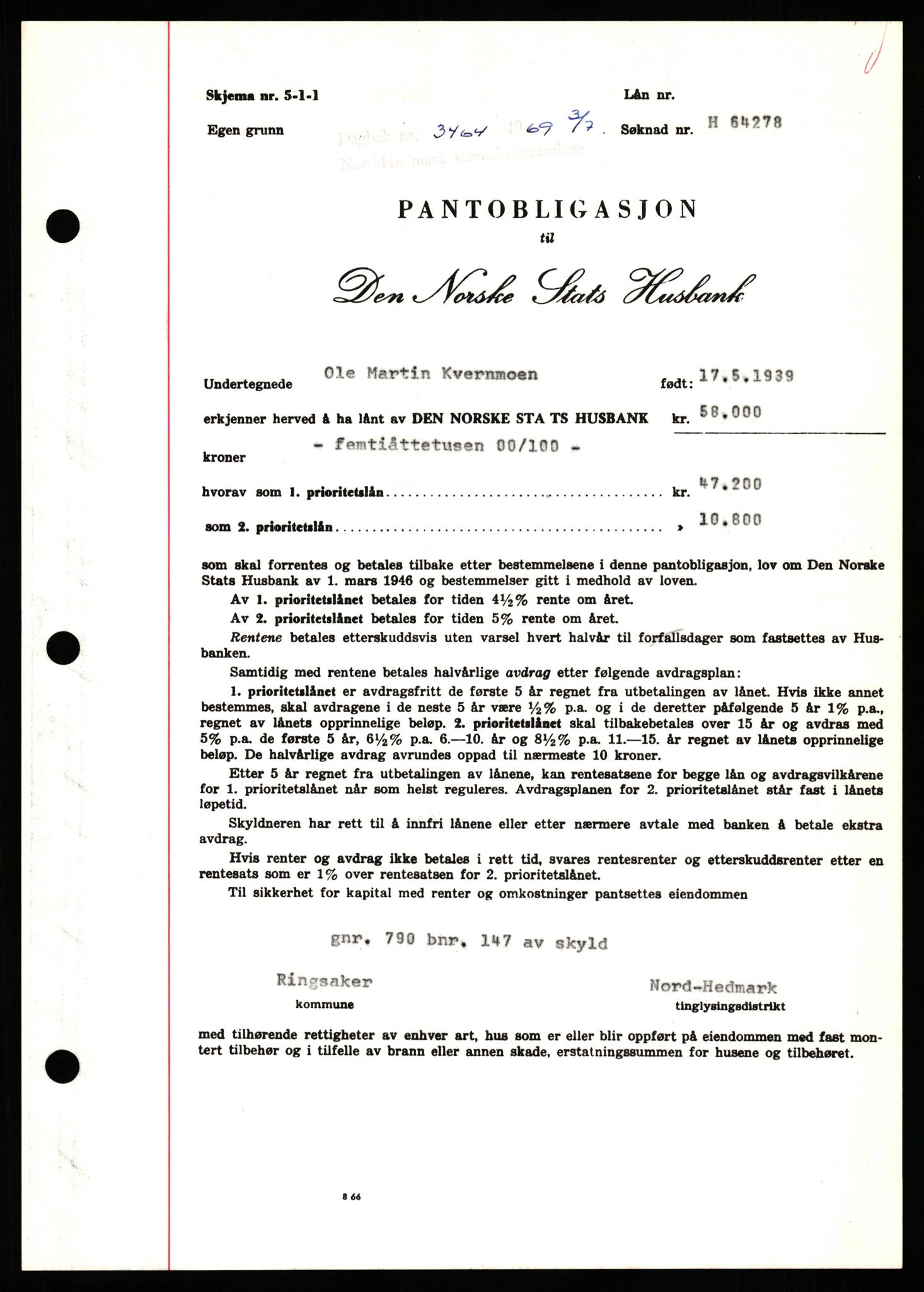 Nord-Hedmark sorenskriveri, SAH/TING-012/H/Hb/Hbf/L0080: Pantebok nr. B80, 1969-1969, Dagboknr: 3464/1969