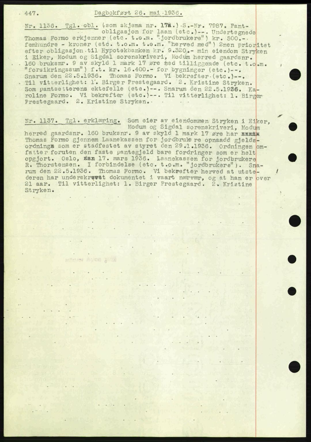 Eiker, Modum og Sigdal sorenskriveri, SAKO/A-123/G/Ga/Gab/L0032: Pantebok nr. A2, 1936-1936, Dagboknr: 1136/1936