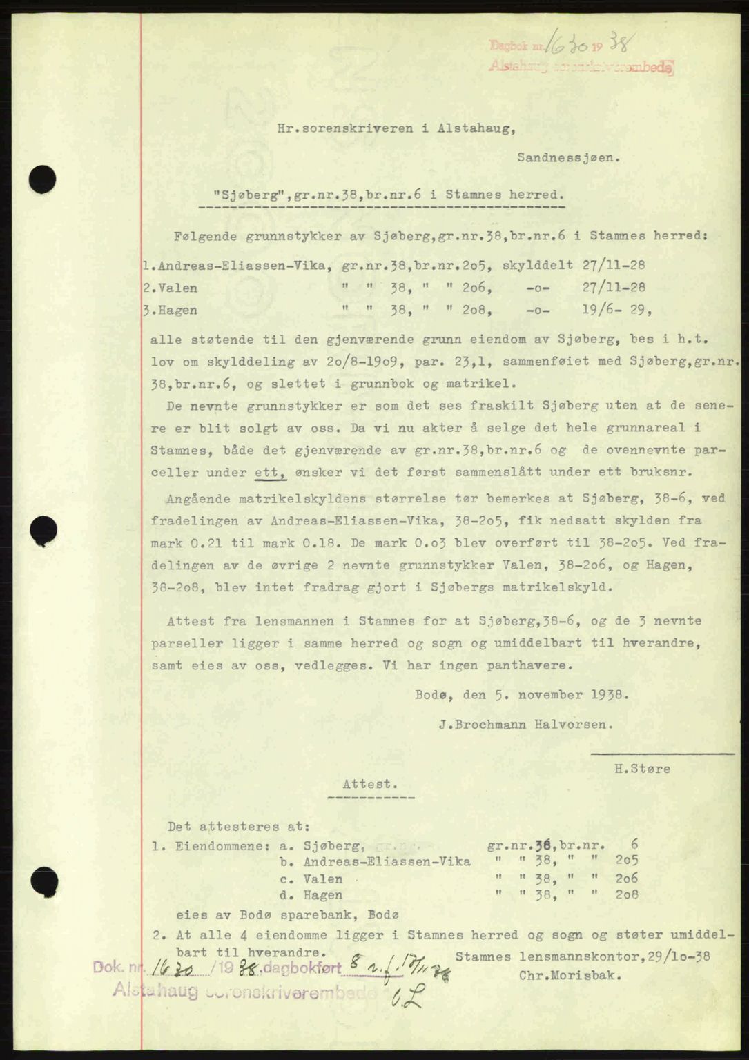 Alstahaug sorenskriveri, SAT/A-1009: Pantebok nr. A3, 1937-1938, Dagboknr: 1630/1938