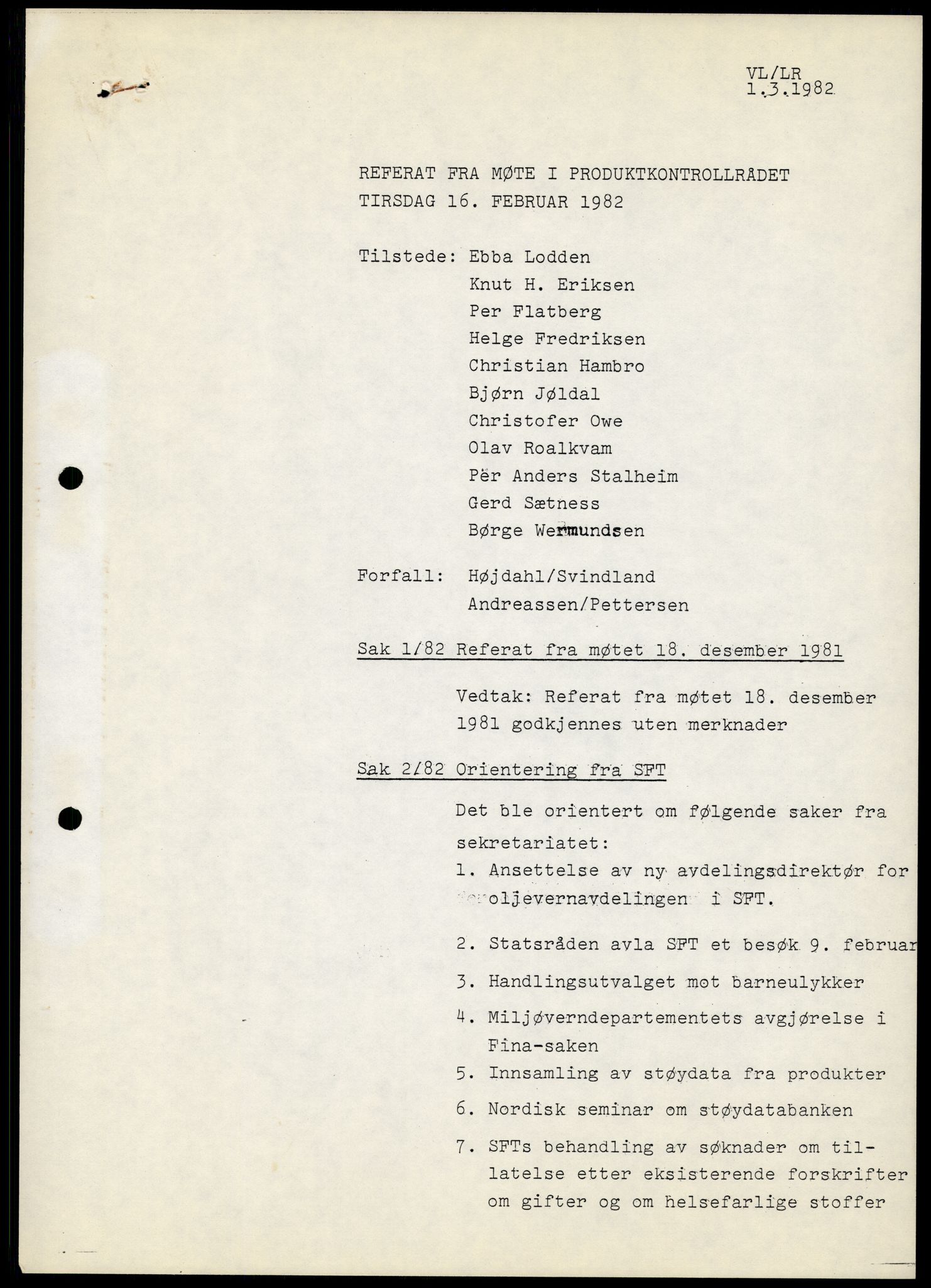 Statens forurensningstilsyn, hovedkontoret, RA/S-4136/1/A/Ab/L0008: Produktkontrollrådet - Innkalling og referater, 1982