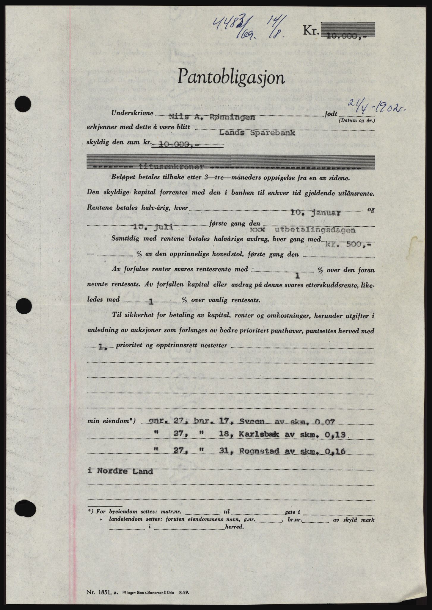 Hadeland og Land tingrett, SAH/TING-010/H/Hb/Hbc/L0074: Pantebok nr. B74, 1969-1969, Dagboknr: 4483/1969