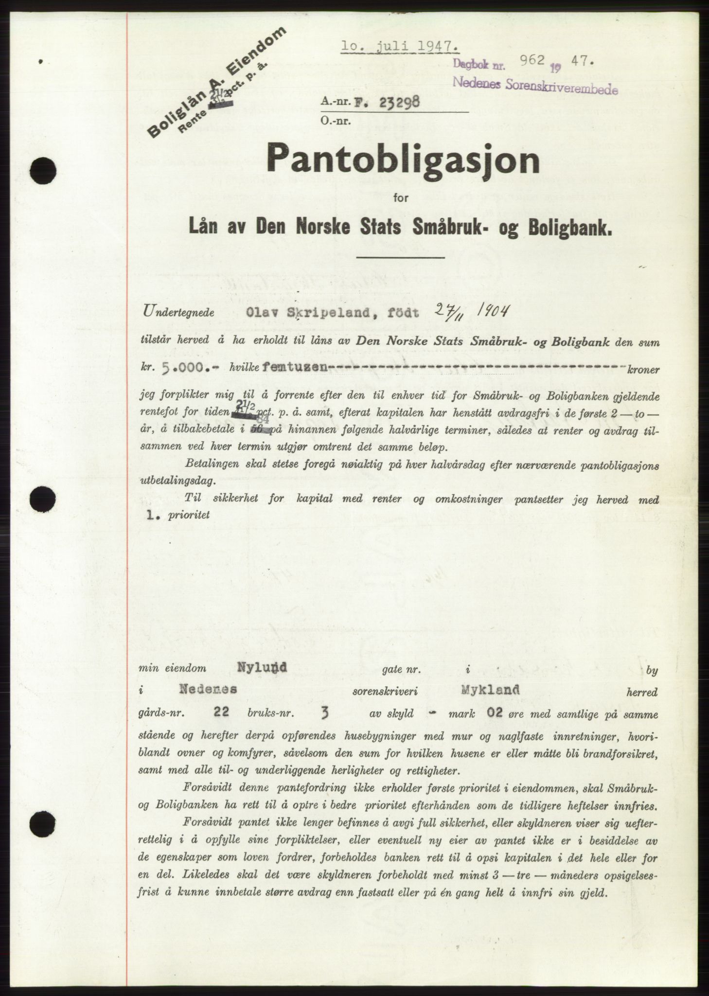 Nedenes sorenskriveri, SAK/1221-0006/G/Gb/Gbb/L0004: Pantebok nr. B4, 1947-1947, Dagboknr: 962/1947