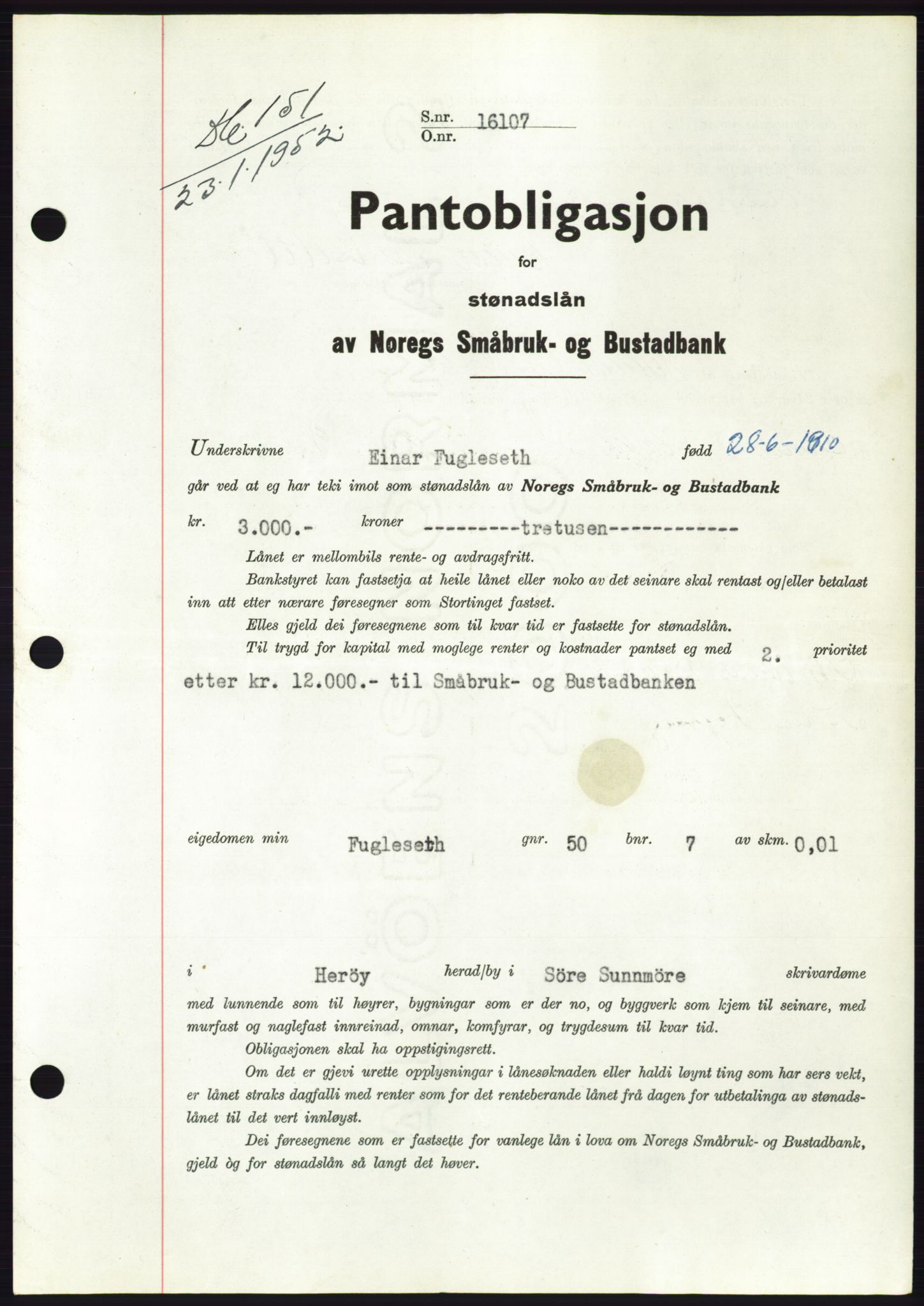 Søre Sunnmøre sorenskriveri, AV/SAT-A-4122/1/2/2C/L0121: Pantebok nr. 9B, 1951-1952, Dagboknr: 151/1952