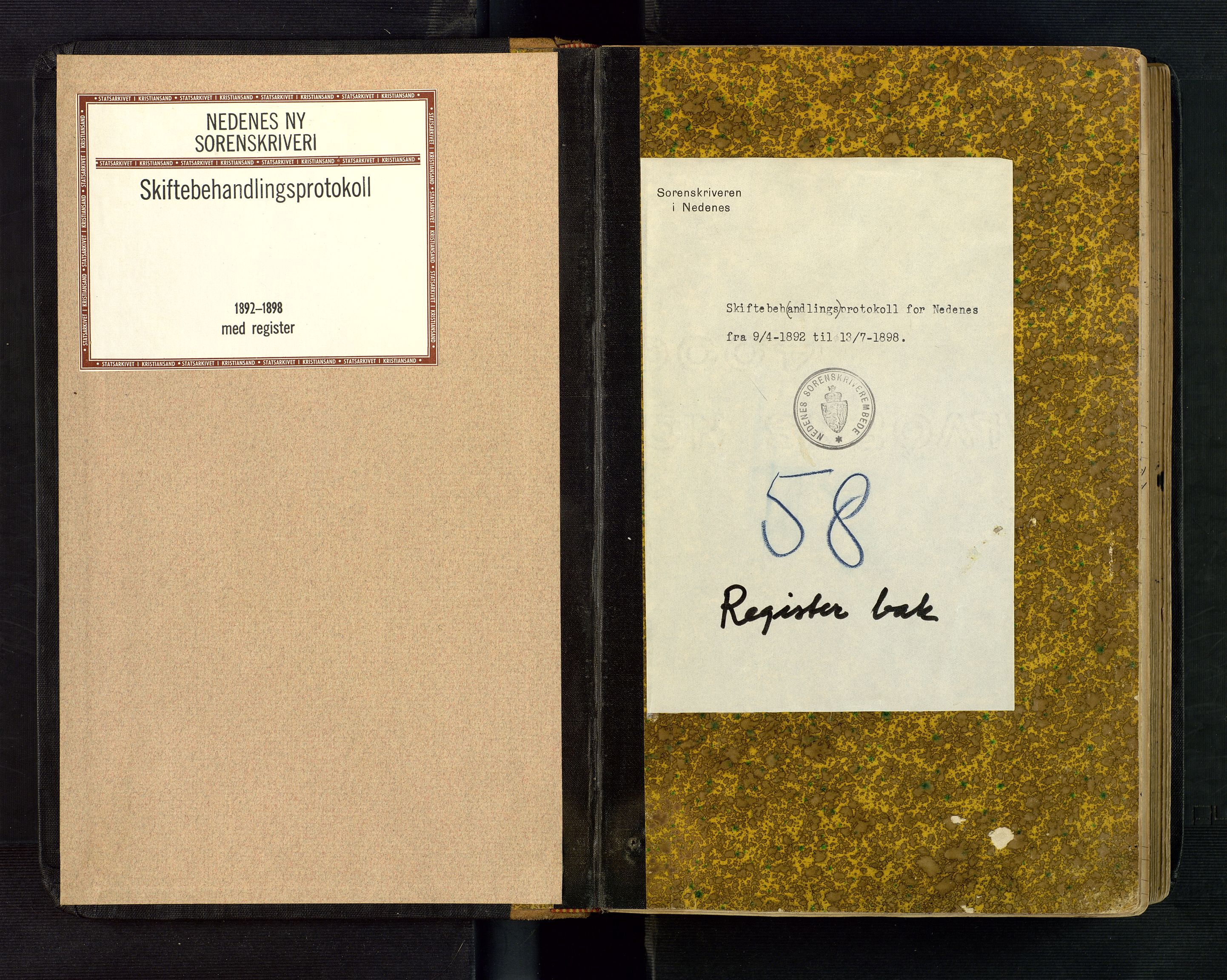 Nedenes sorenskriveri, AV/SAK-1221-0006/H/Hc/L0004: Skiftebehandlingsprotokoll nr 4 med register, 1892-1898
