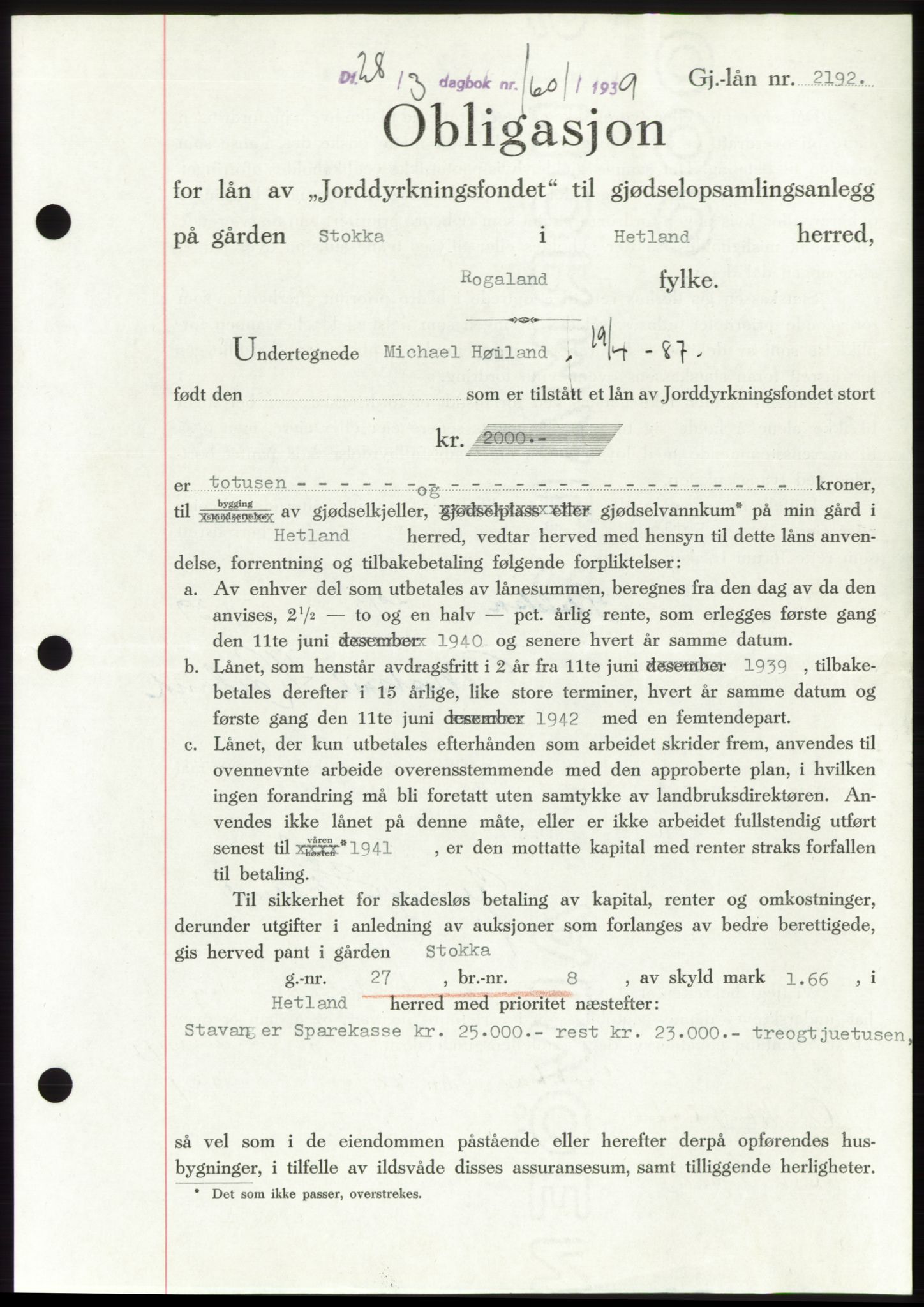 Jæren sorenskriveri, SAST/A-100310/03/G/Gba/L0073: Pantebok, 1939-1939, Dagboknr: 1601/1939