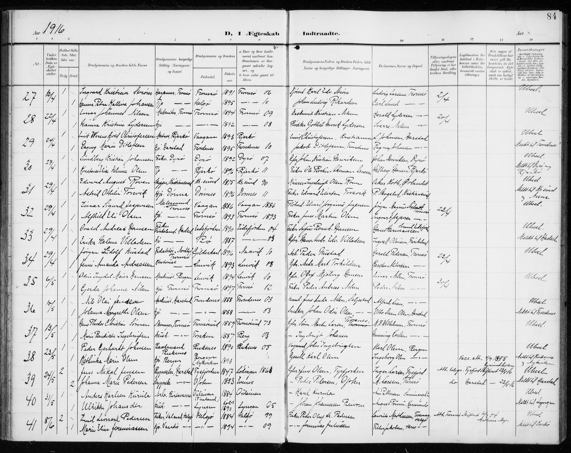 Tromsø sokneprestkontor/stiftsprosti/domprosti, AV/SATØ-S-1343/G/Ga/L0018kirke: Ministerialbok nr. 18, 1907-1917, s. 84