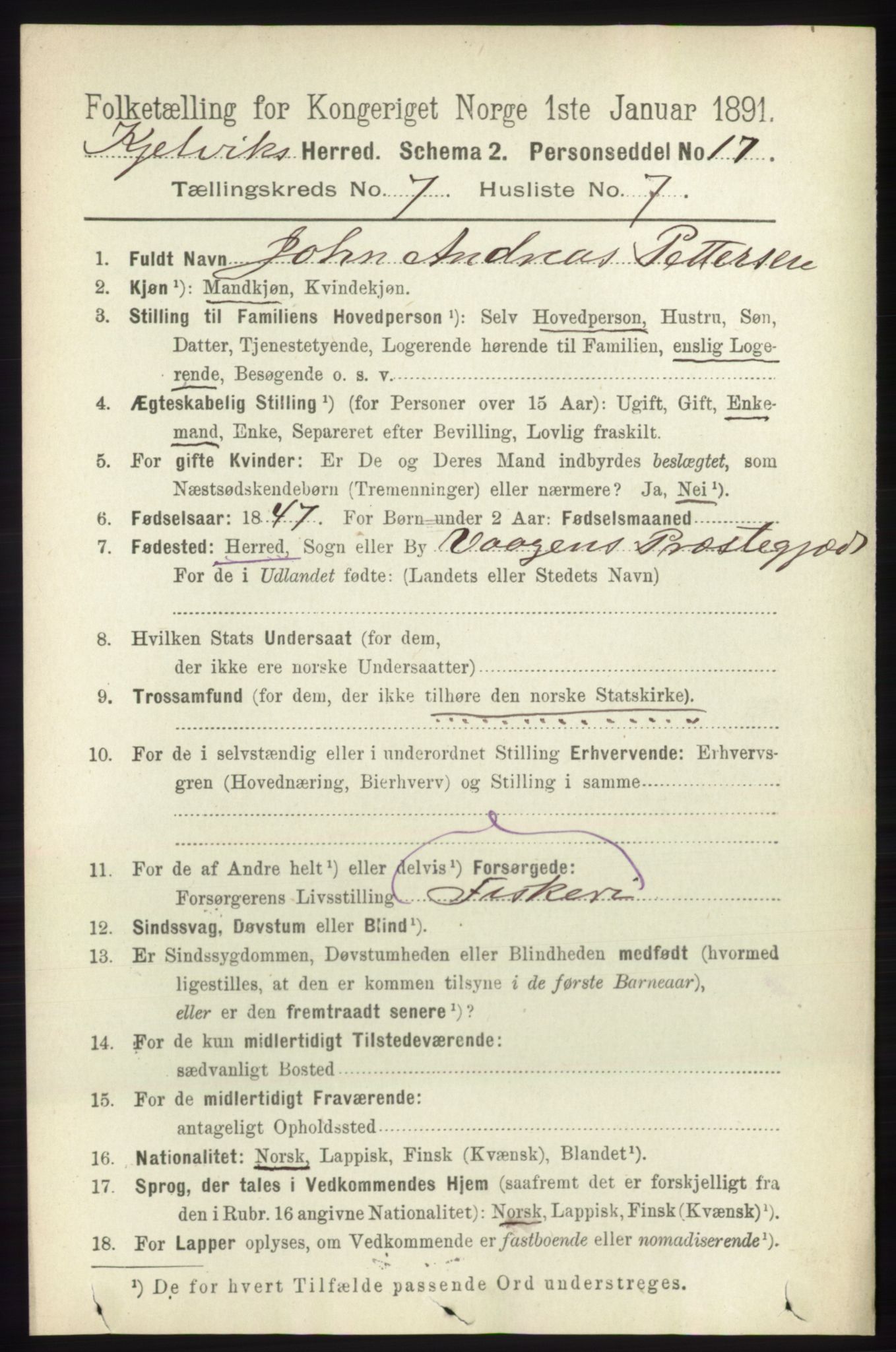 RA, Folketelling 1891 for 2019 Kjelvik herred, 1891, s. 941