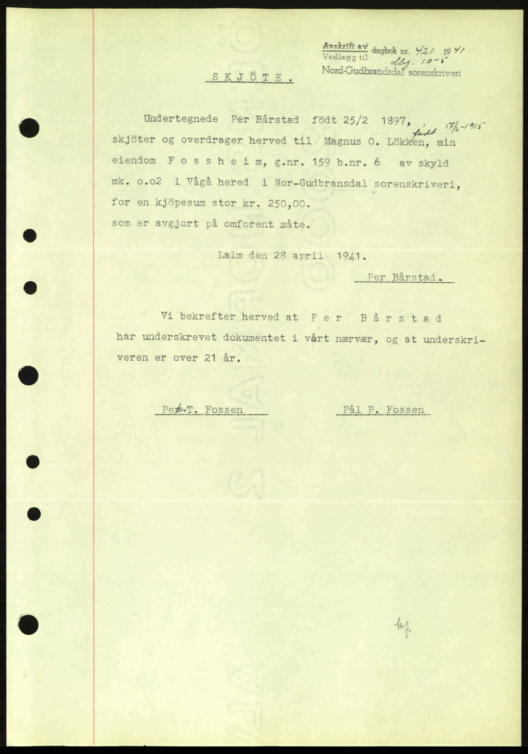 Nord-Gudbrandsdal tingrett, SAH/TING-002/H/Hb/Hbb/L0007: Pantebok nr. FA7, 1941-1941, Dagboknr: 421/1941