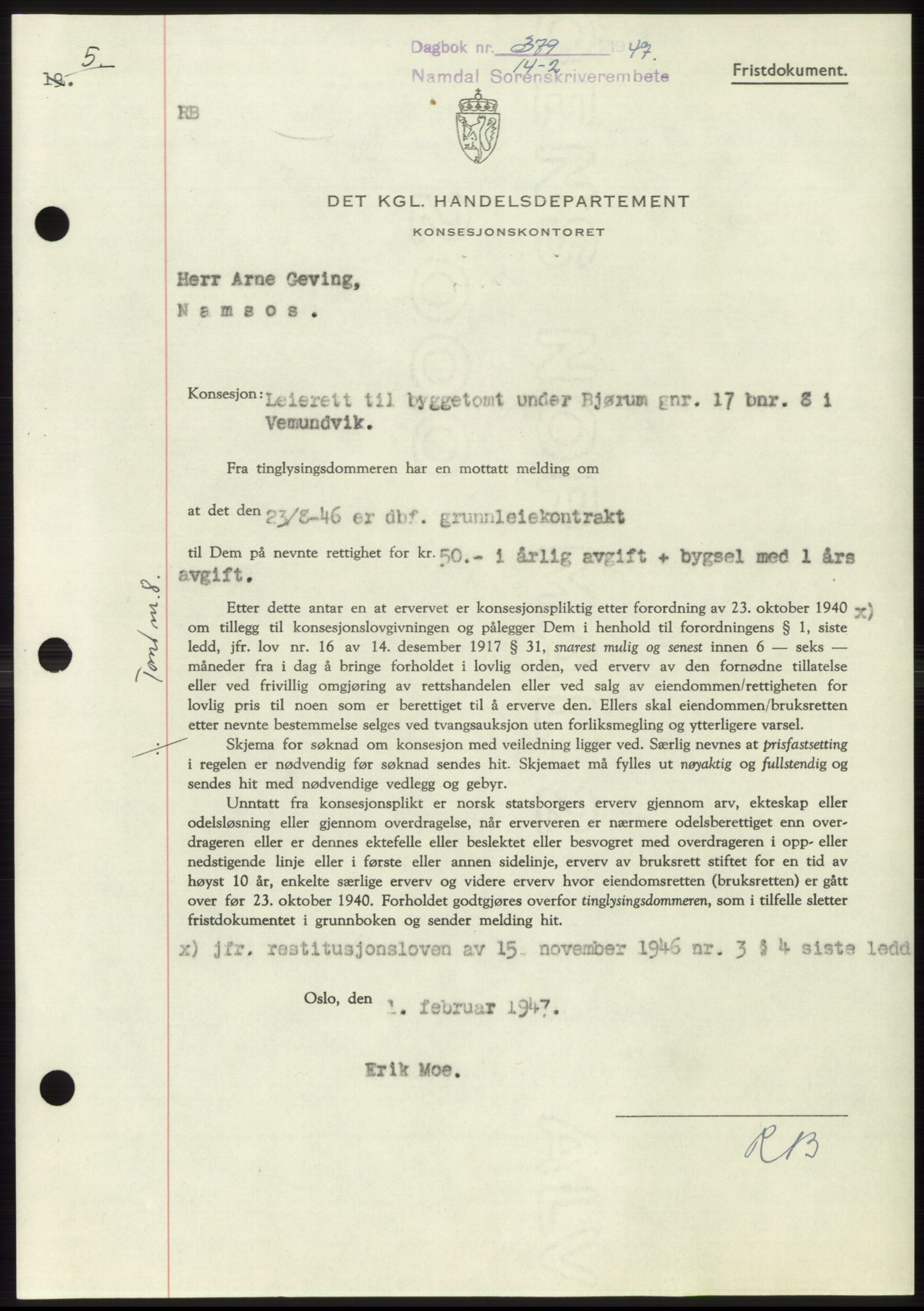 Namdal sorenskriveri, SAT/A-4133/1/2/2C: Pantebok nr. -, 1946-1947, Dagboknr: 379/1947