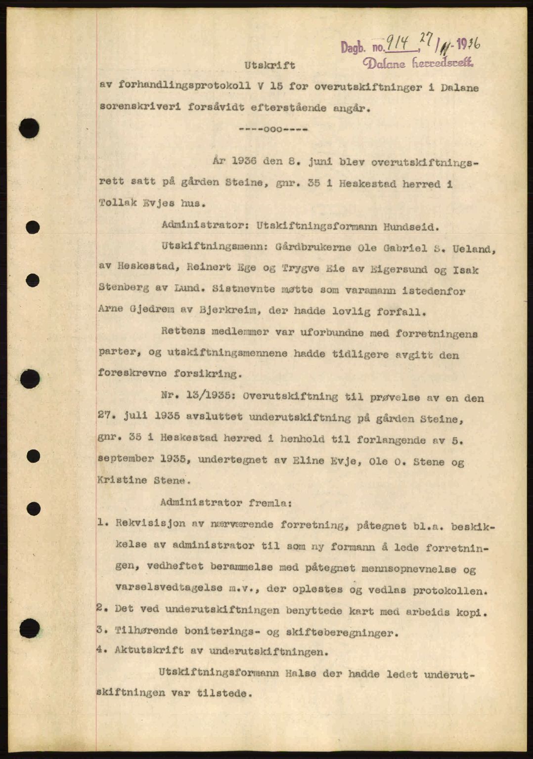 Dalane sorenskriveri, SAST/A-100309/02/G/Gb/L0041: Pantebok nr. A2, 1936-1937, Dagboknr: 914/1936