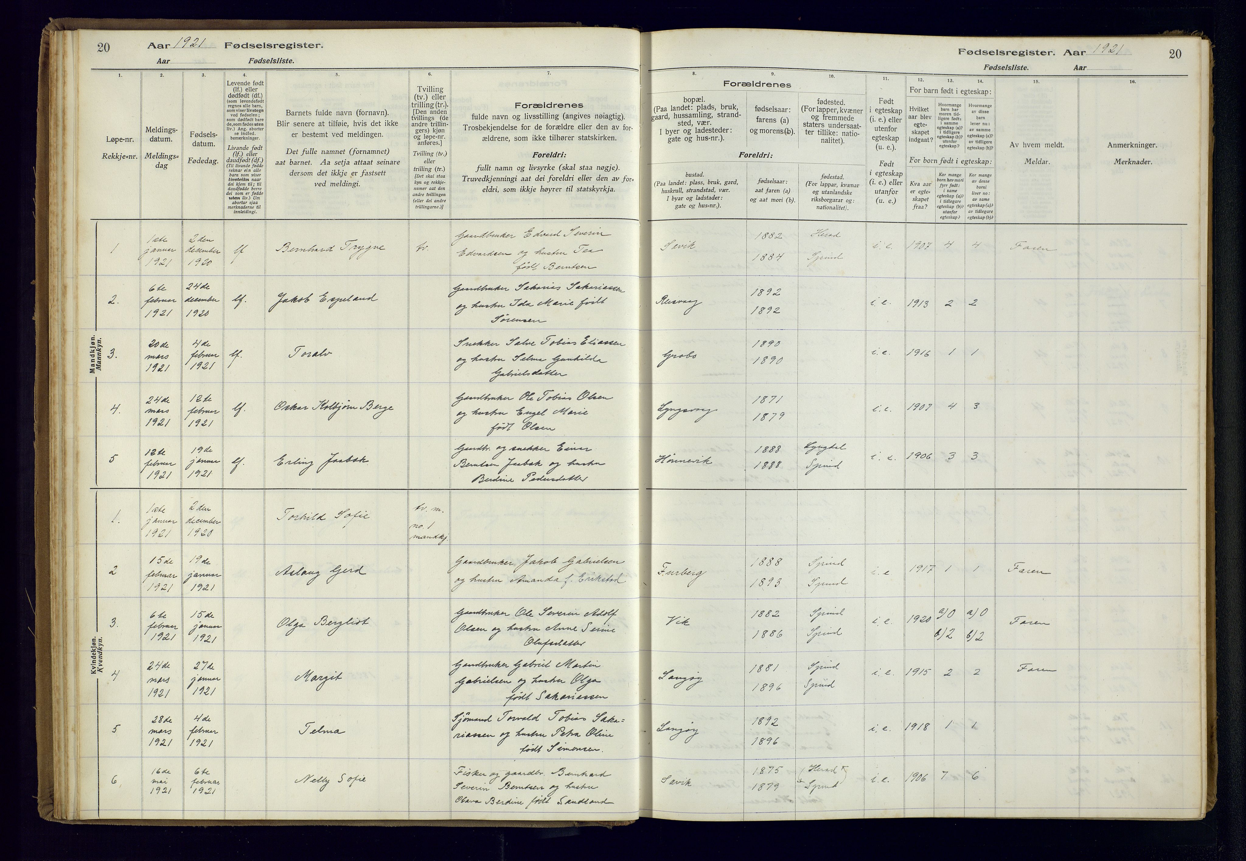 Farsund sokneprestkontor, AV/SAK-1111-0009/J/Ja/L0004: Fødselsregister nr. A-VI-11, 1916-1982, s. 20