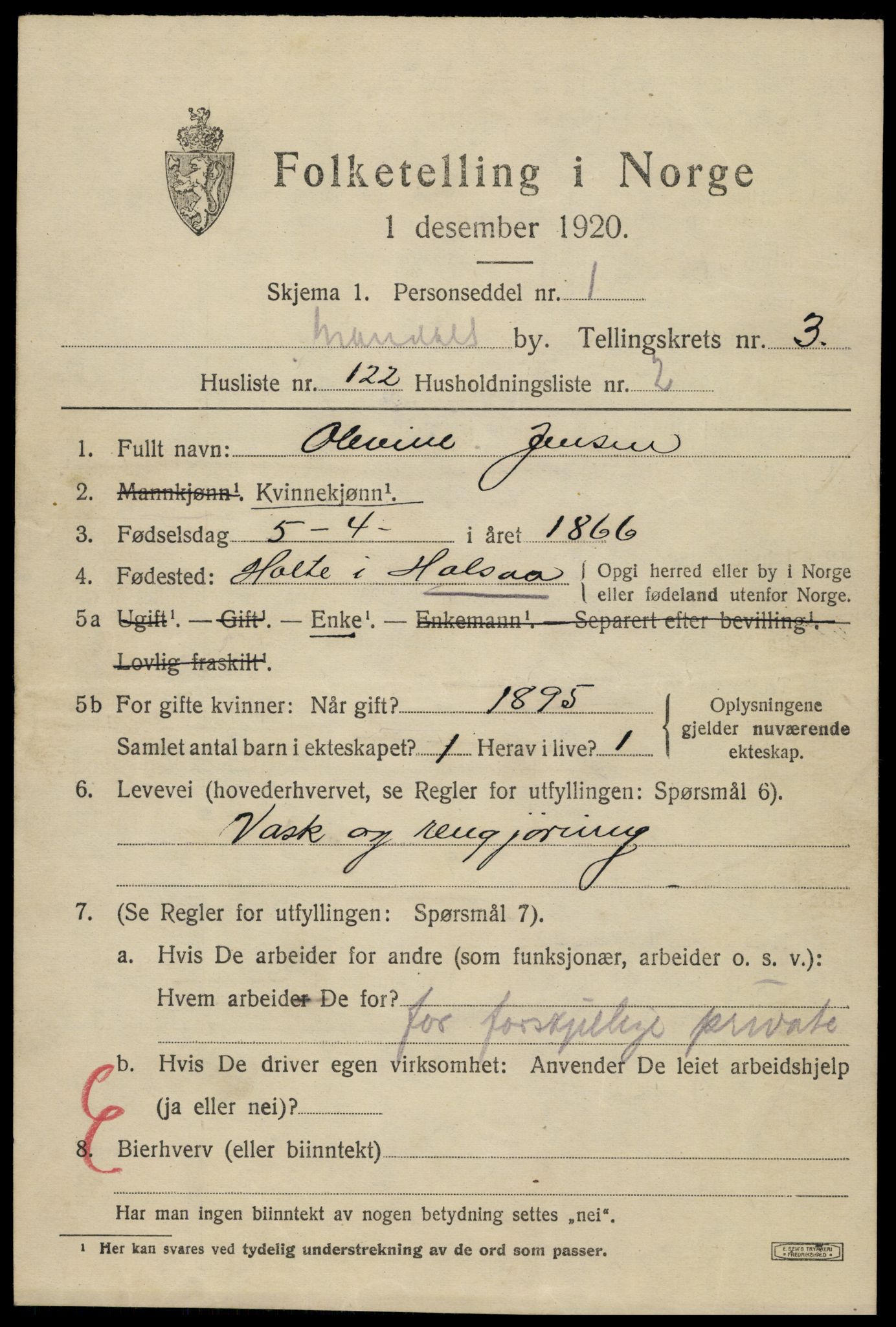 SAK, Folketelling 1920 for 1002 Mandal ladested, 1920, s. 6833