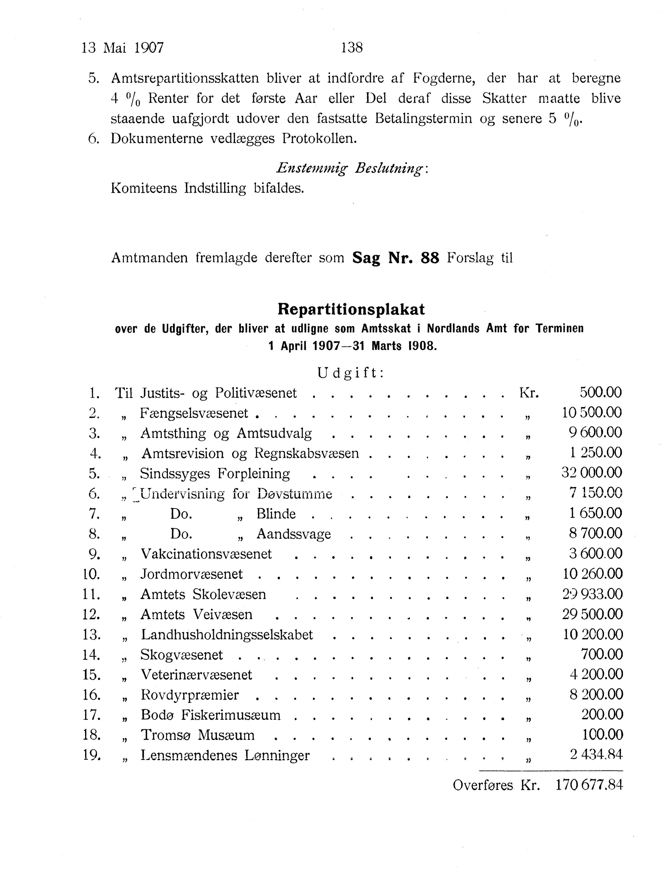 Nordland Fylkeskommune. Fylkestinget, AIN/NFK-17/176/A/Ac/L0030: Fylkestingsforhandlinger 1907, 1907