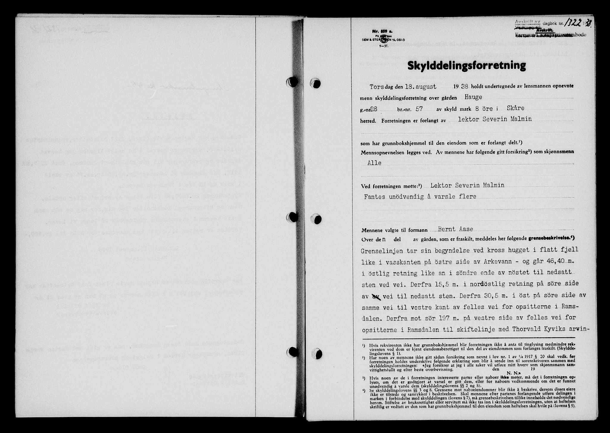 Karmsund sorenskriveri, SAST/A-100311/01/II/IIB/L0070: Pantebok nr. 51A, 1938-1939, Dagboknr: 1322/1938