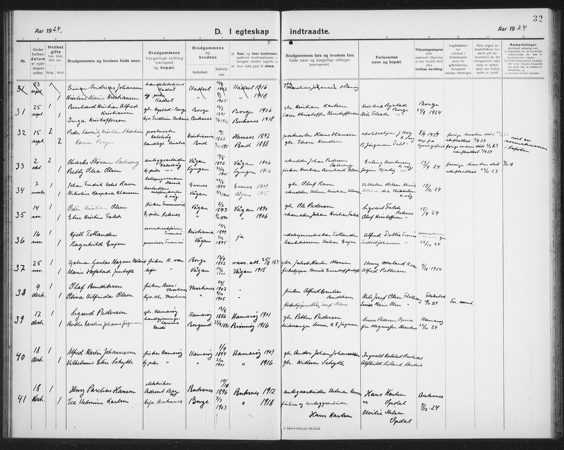 Ministerialprotokoller, klokkerbøker og fødselsregistre - Nordland, AV/SAT-A-1459/874/L1082: Klokkerbok nr. 874C11, 1920-1939, s. 32