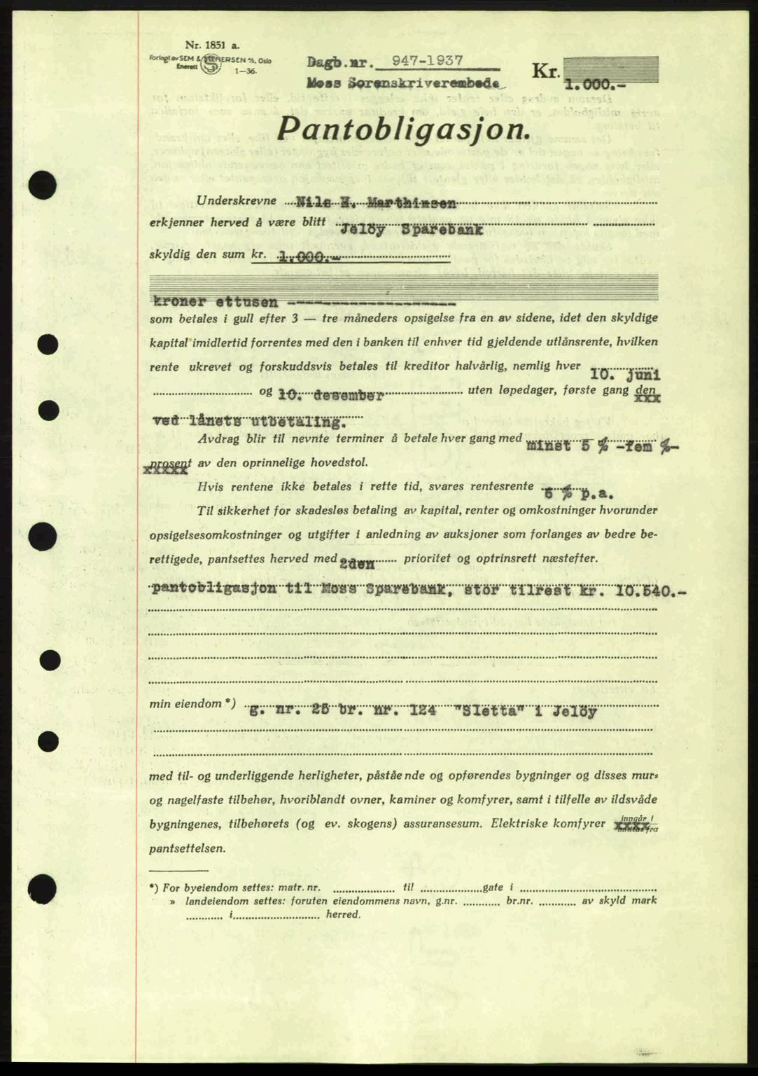Moss sorenskriveri, SAO/A-10168: Pantebok nr. B3, 1937-1937, Dagboknr: 947/1937