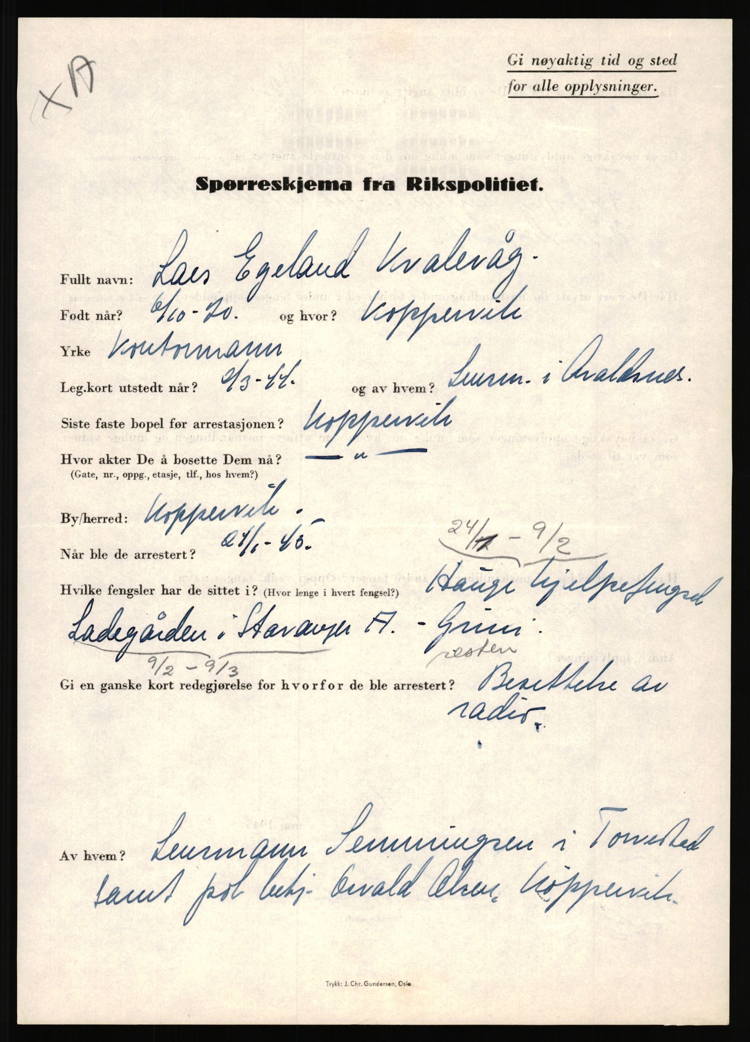 Rikspolitisjefen, AV/RA-S-1560/L/L0010: Kristianslund, Charles Ragnvald - Losvik, Einar, 1940-1945, s. 133