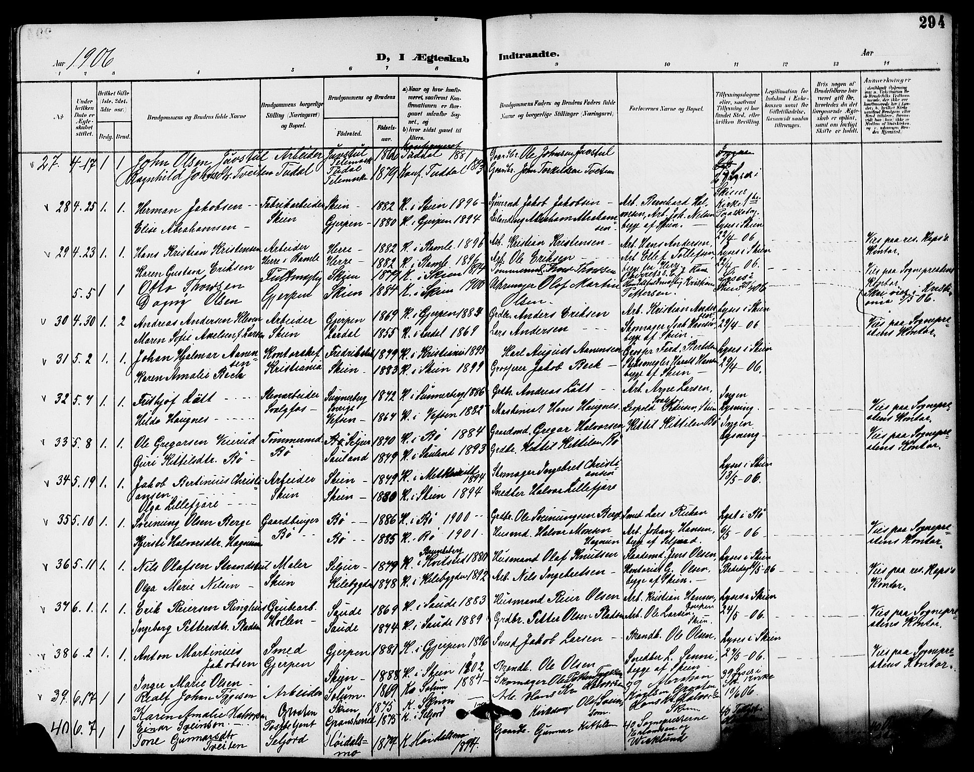 Skien kirkebøker, AV/SAKO-A-302/G/Ga/L0008: Klokkerbok nr. 8, 1900-1910, s. 294