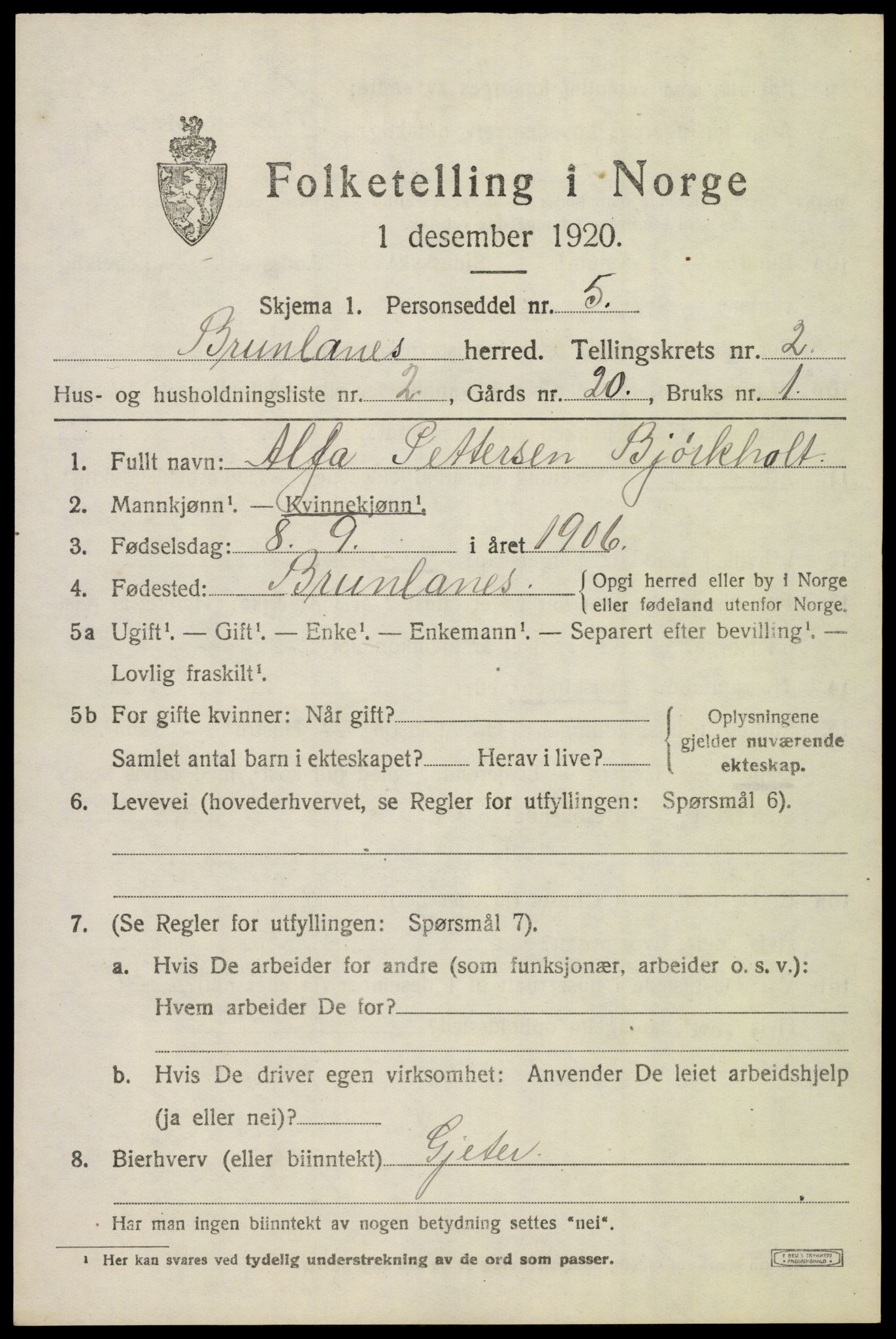 SAKO, Folketelling 1920 for 0726 Brunlanes herred, 1920, s. 3329