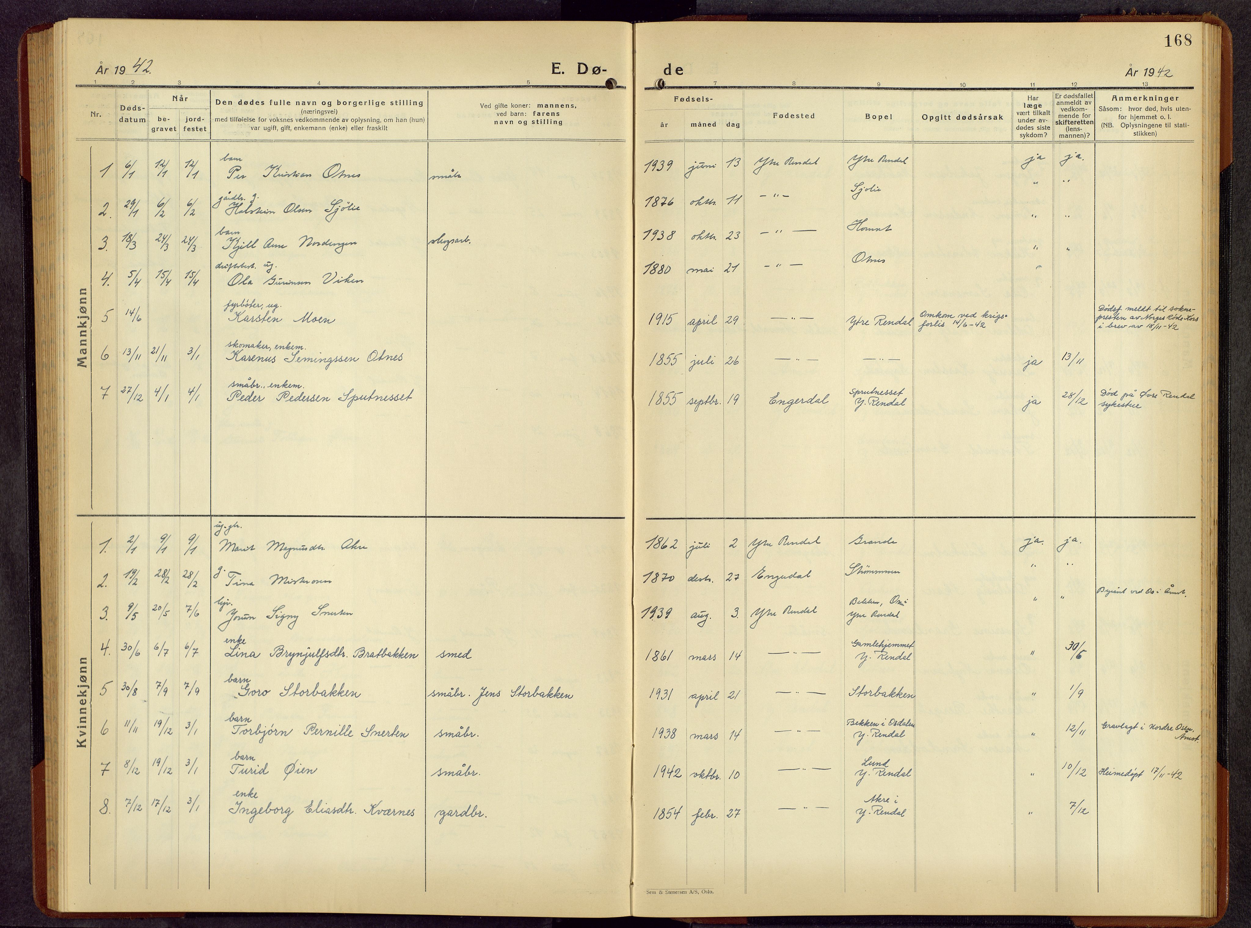 Rendalen prestekontor, AV/SAH-PREST-054/H/Ha/Hab/L0006: Klokkerbok nr. 6, 1941-1958, s. 168