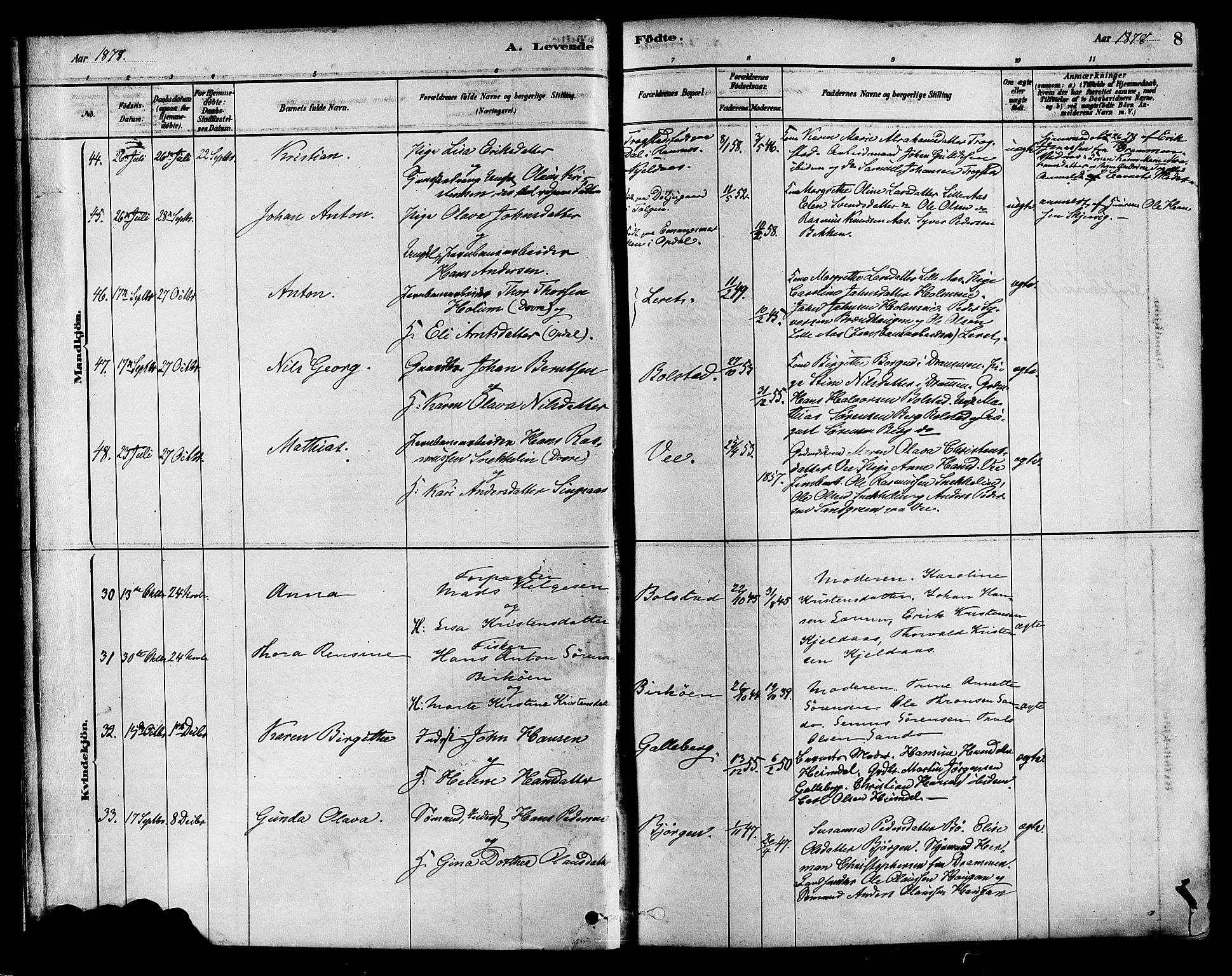 Sande Kirkebøker, AV/SAKO-A-53/F/Fa/L0006: Ministerialbok nr. 6, 1878-1888, s. 8