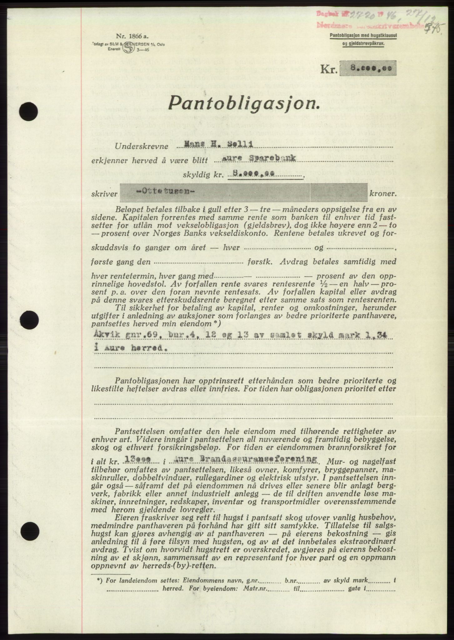 Nordmøre sorenskriveri, SAT/A-4132/1/2/2Ca: Pantebok nr. B95, 1946-1947, Dagboknr: 2720/1946
