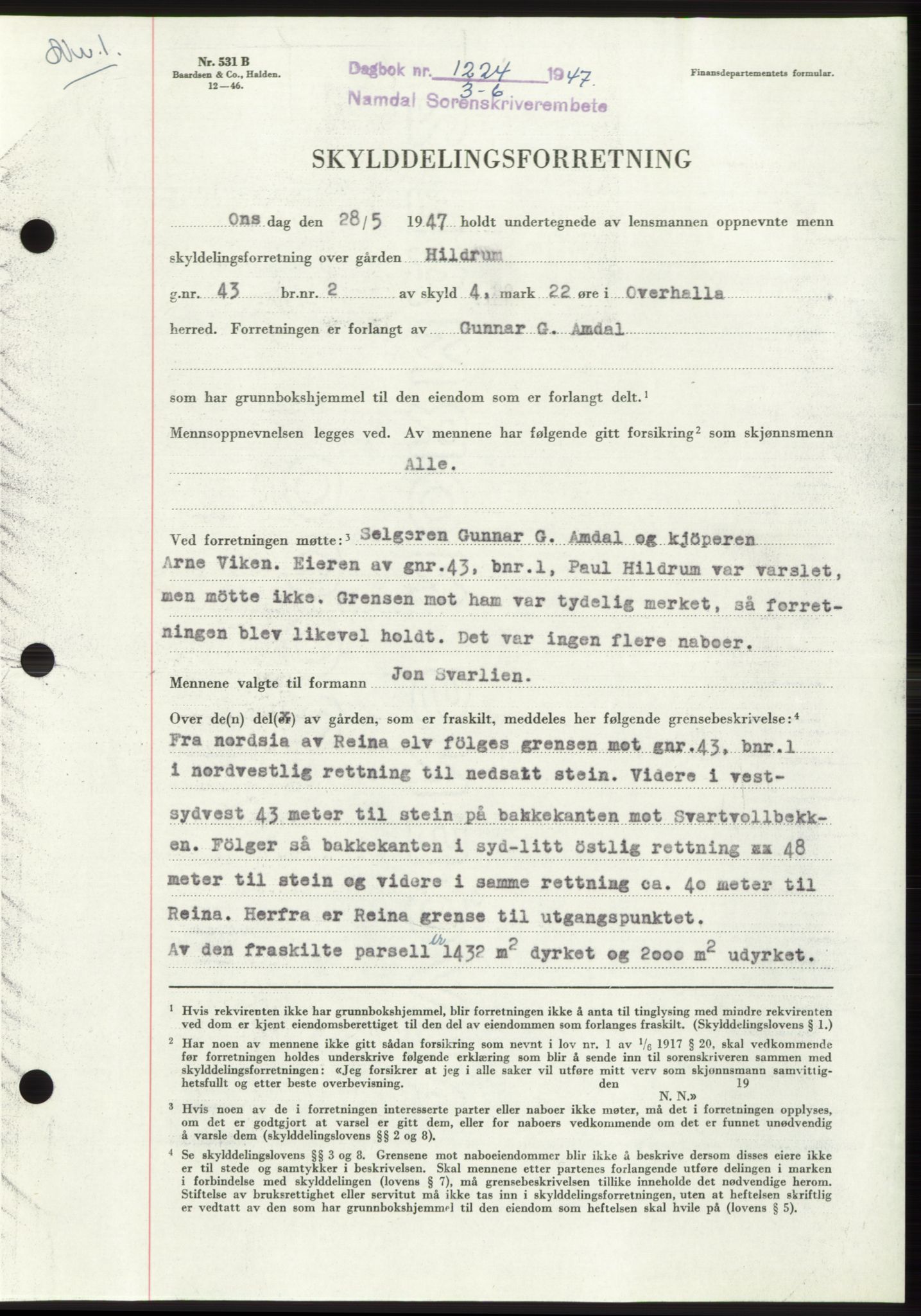 Namdal sorenskriveri, SAT/A-4133/1/2/2C: Pantebok nr. -, 1947-1947, Dagboknr: 1224/1947