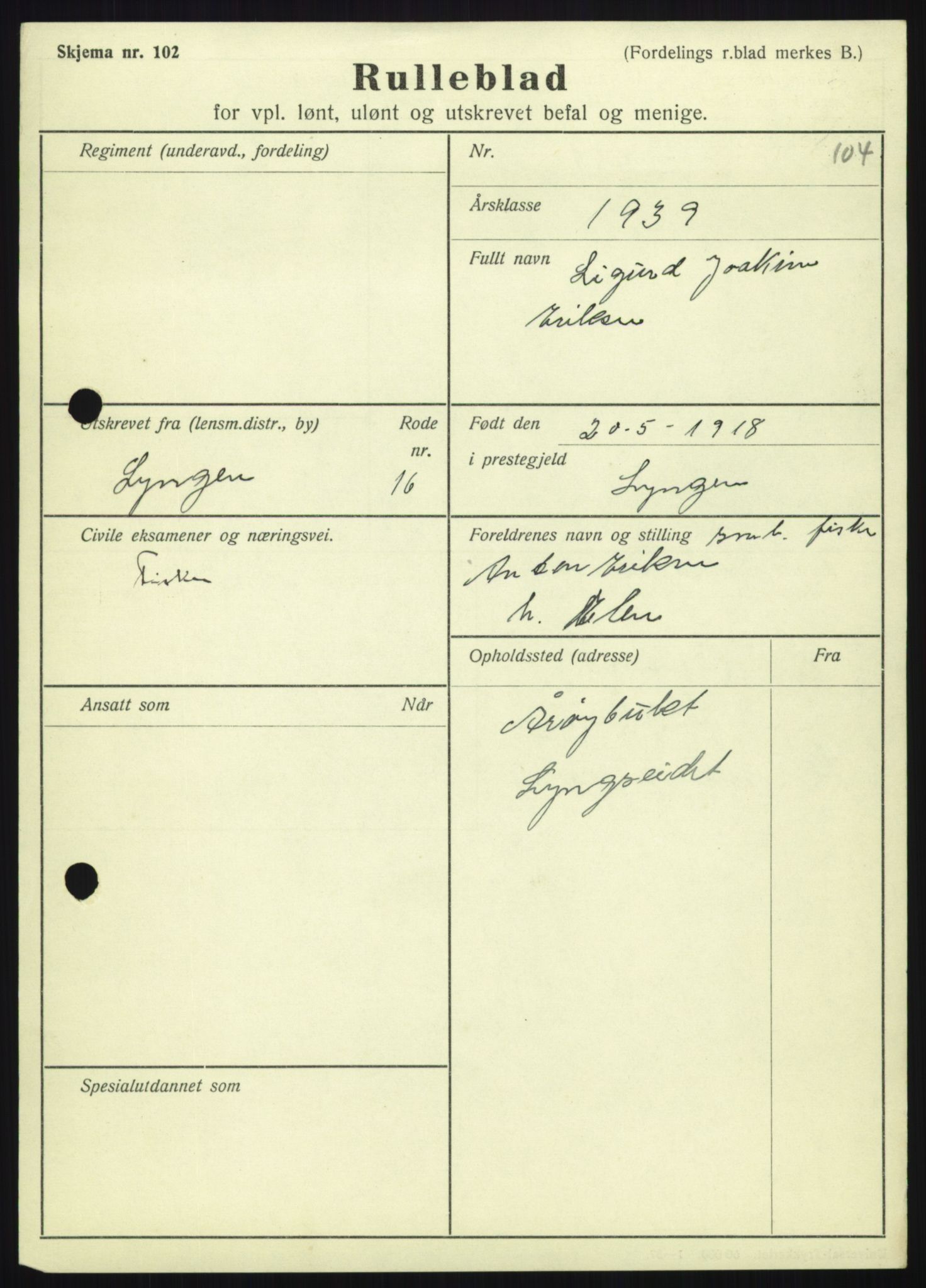 Forsvaret, Troms infanteriregiment nr. 16, AV/RA-RAFA-3146/P/Pa/L0023: Rulleblad for regimentets menige mannskaper, årsklasse 1939, 1939, s. 237